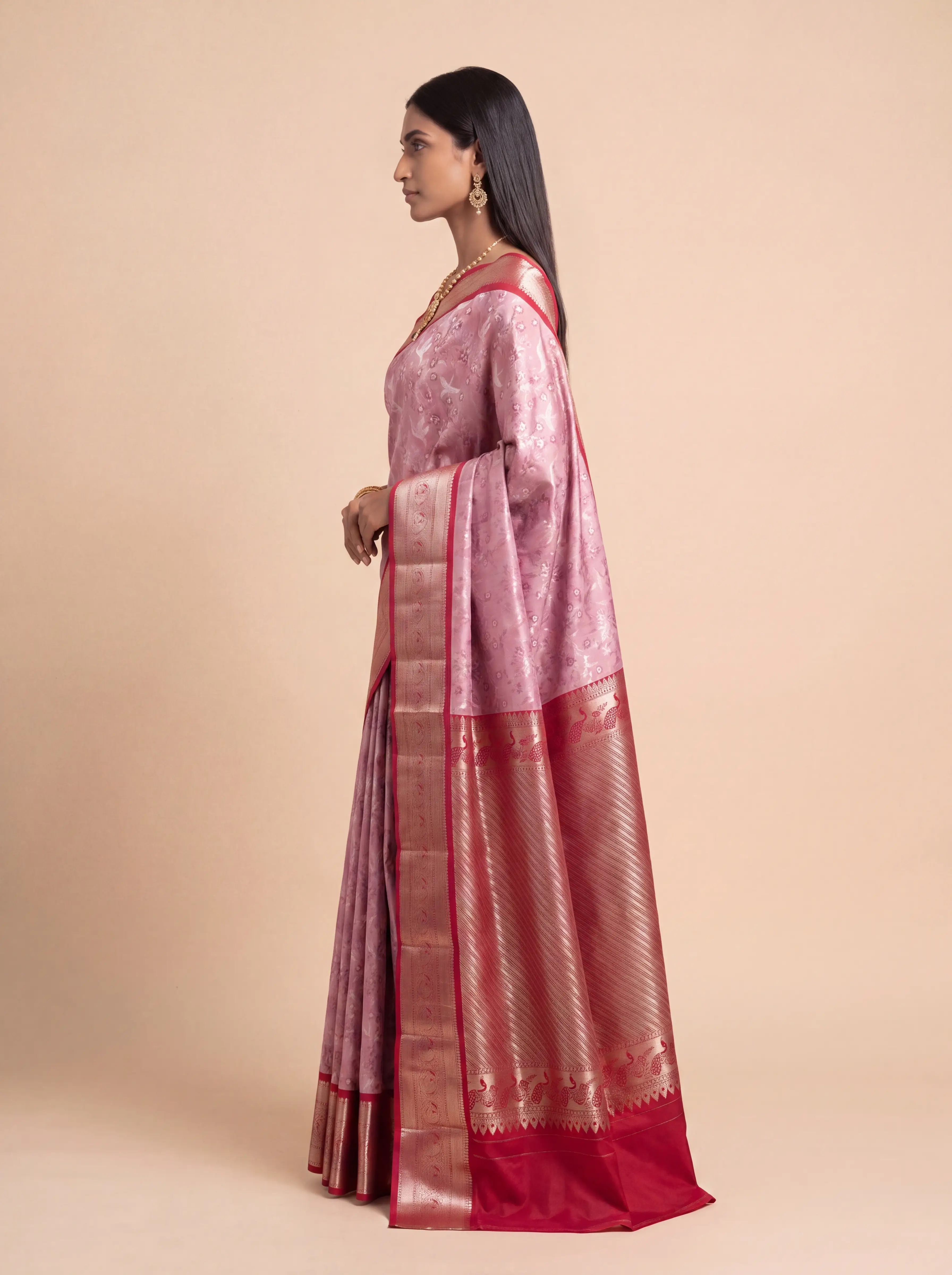 Dusty Rose Pink and Deep Maroon Bird Motif Zari Woven Kanchivaram Silk Saree