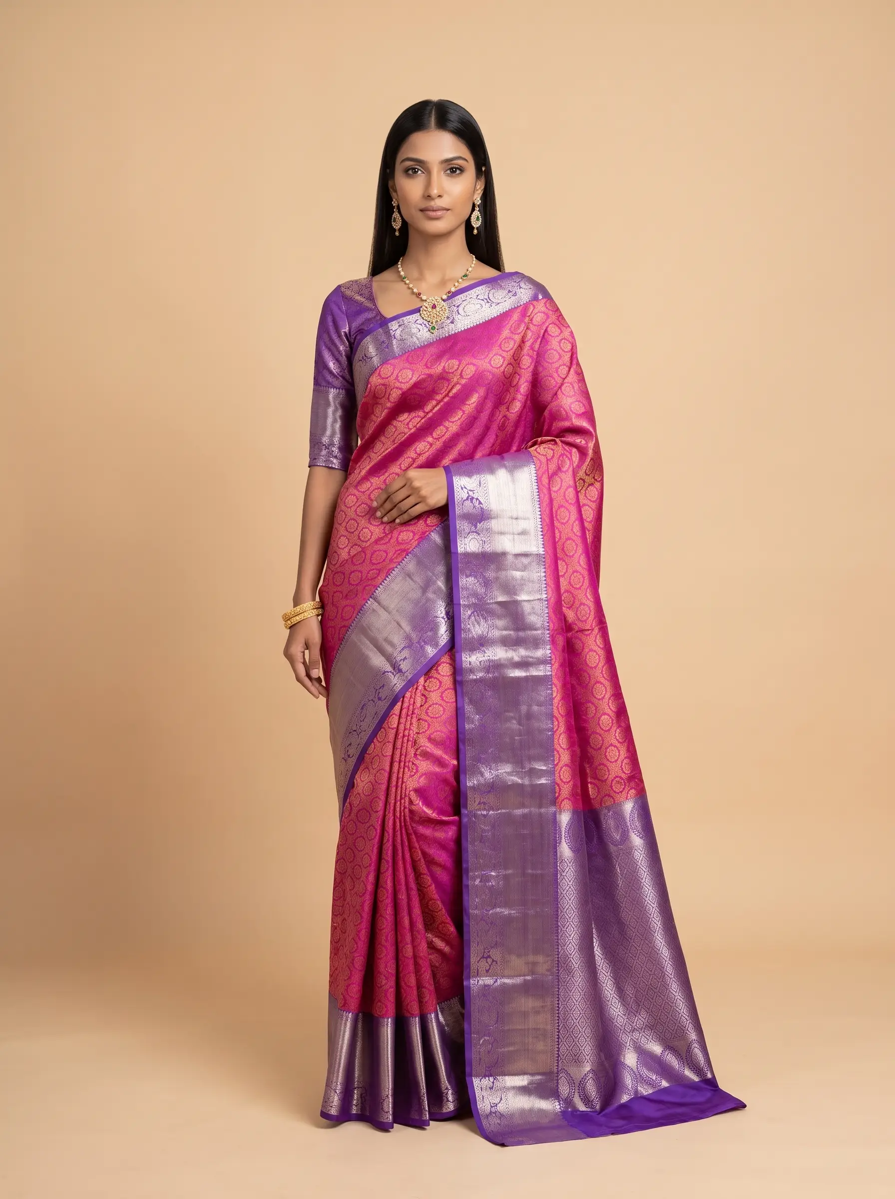Dark Green and Antique Gold Zari Woven Kanchivaram Silk Saree with Orange Border