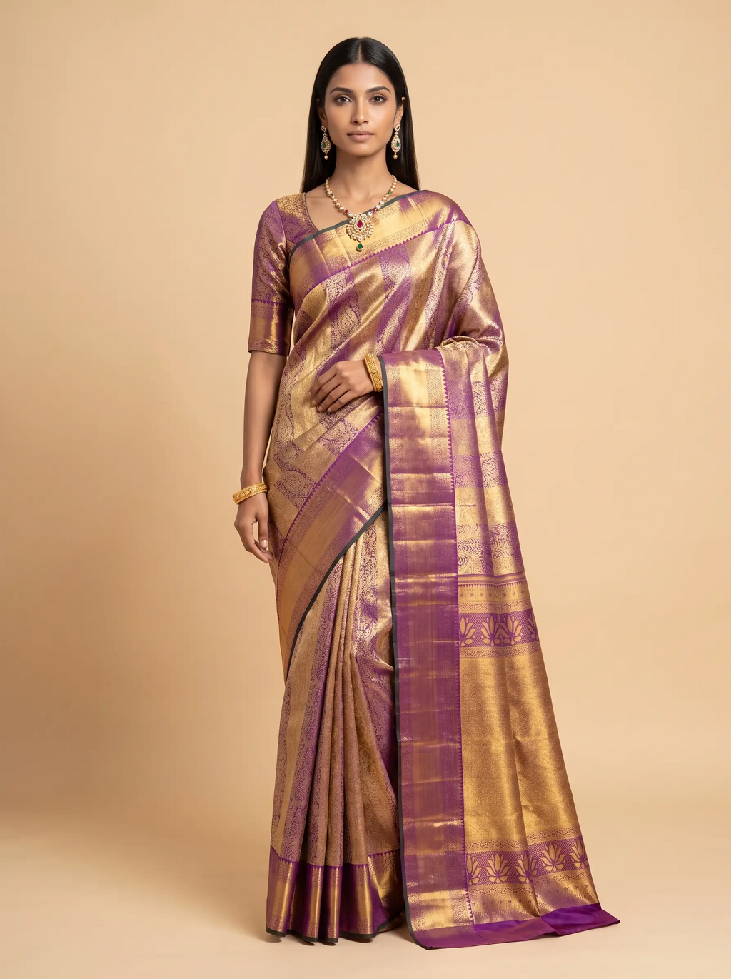 Antique Gold and Deep Purple Floral Zari Woven Kanchivaram Silk Saree