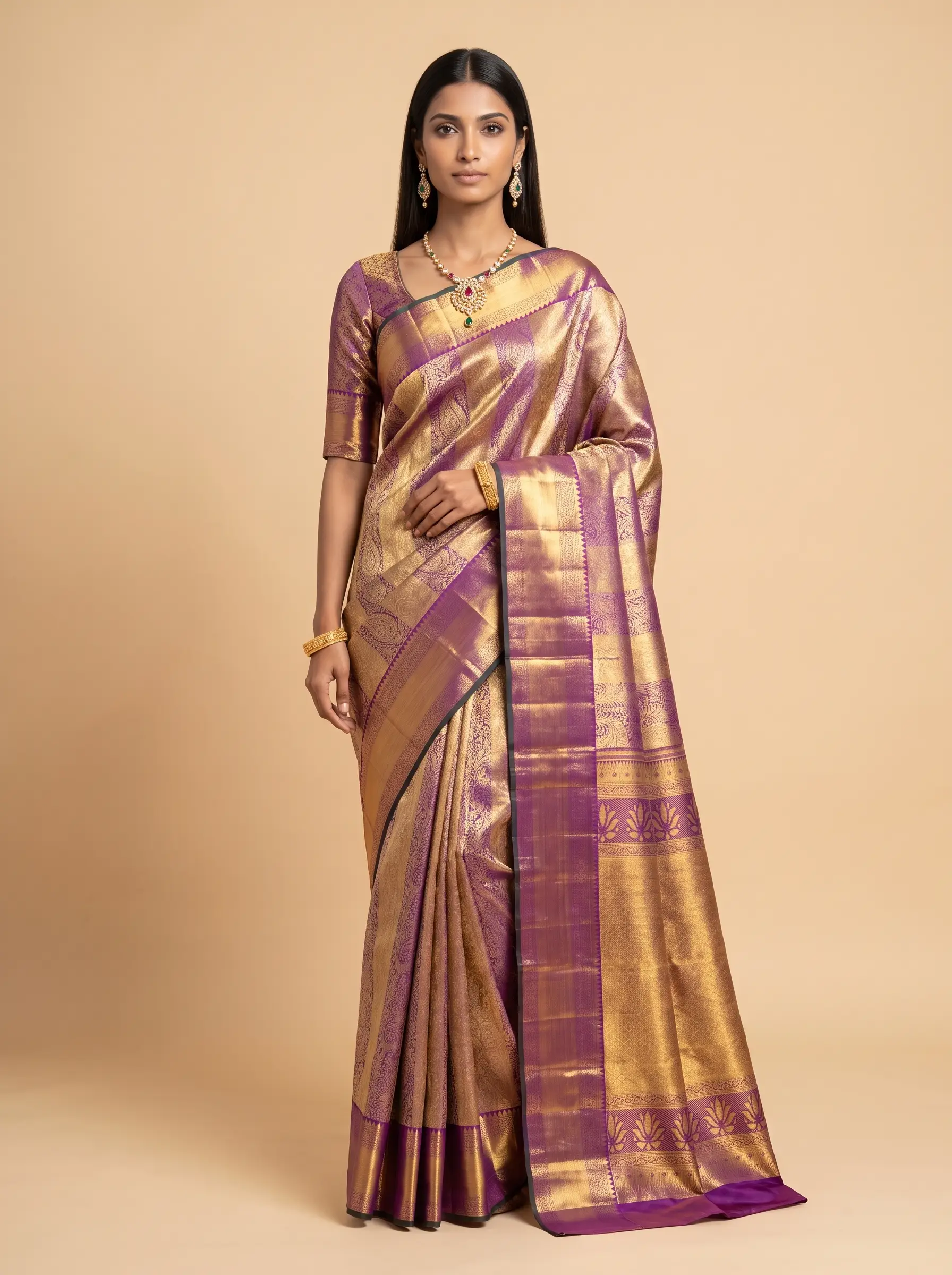Antique Gold and Deep Purple Floral Zari Woven Kanchivaram Silk Saree