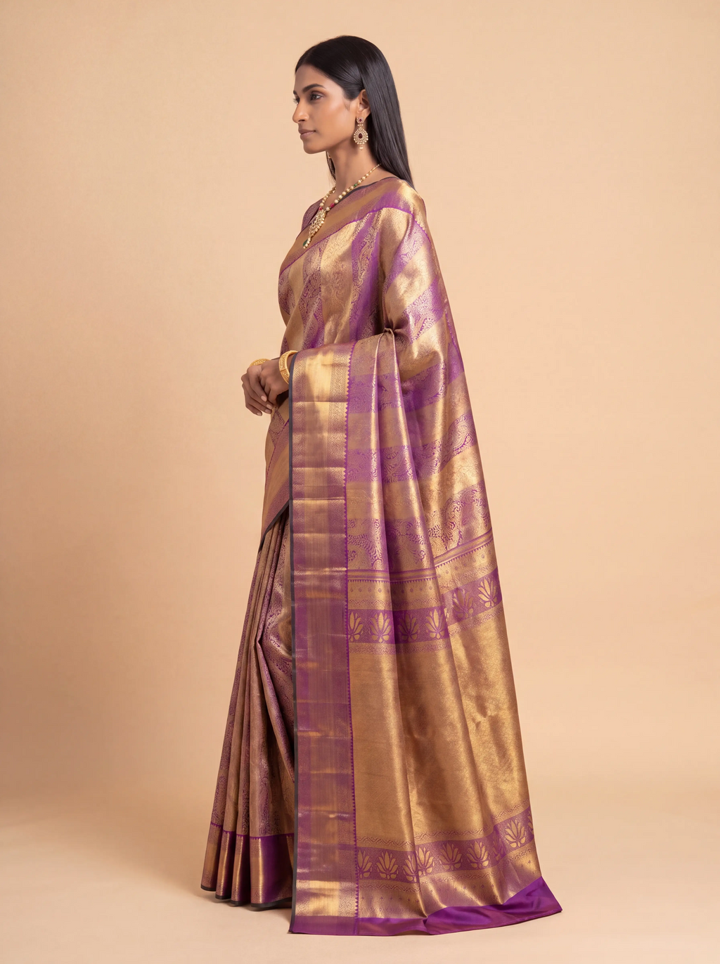 Antique Gold and Deep Purple Floral Zari Woven Kanchivaram Silk Saree