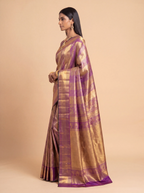 Antique Gold and Deep Purple Floral Zari Woven Kanchivaram Silk Saree