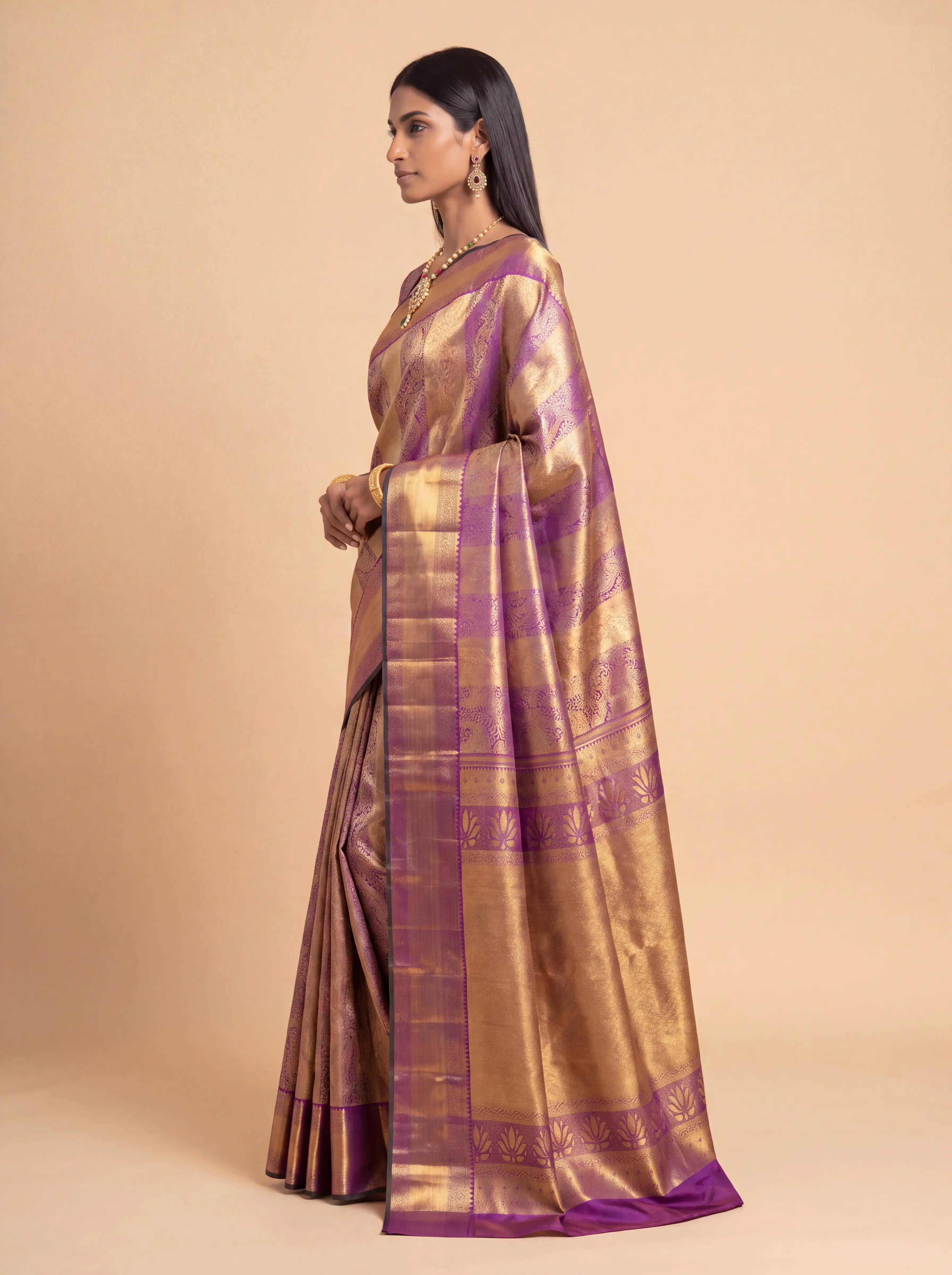 Antique Gold and Deep Purple Floral Zari Woven Kanchivaram Silk Saree
