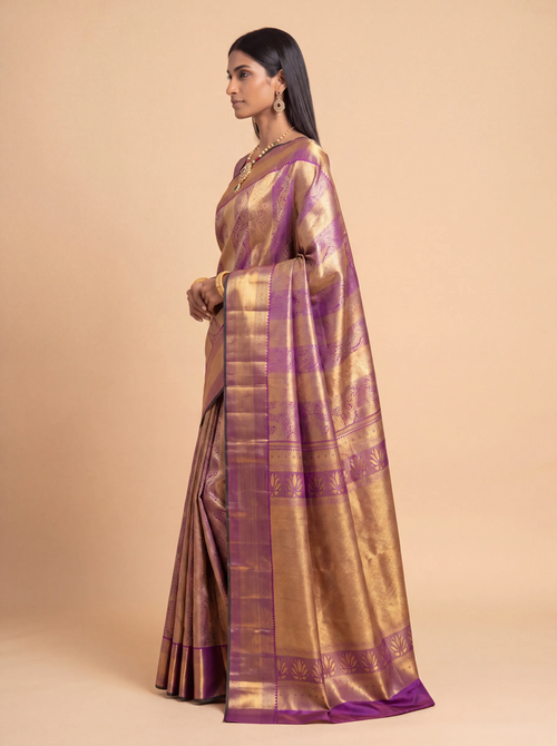 Antique Gold and Deep Purple Floral Zari Woven Kanchivaram Silk Saree