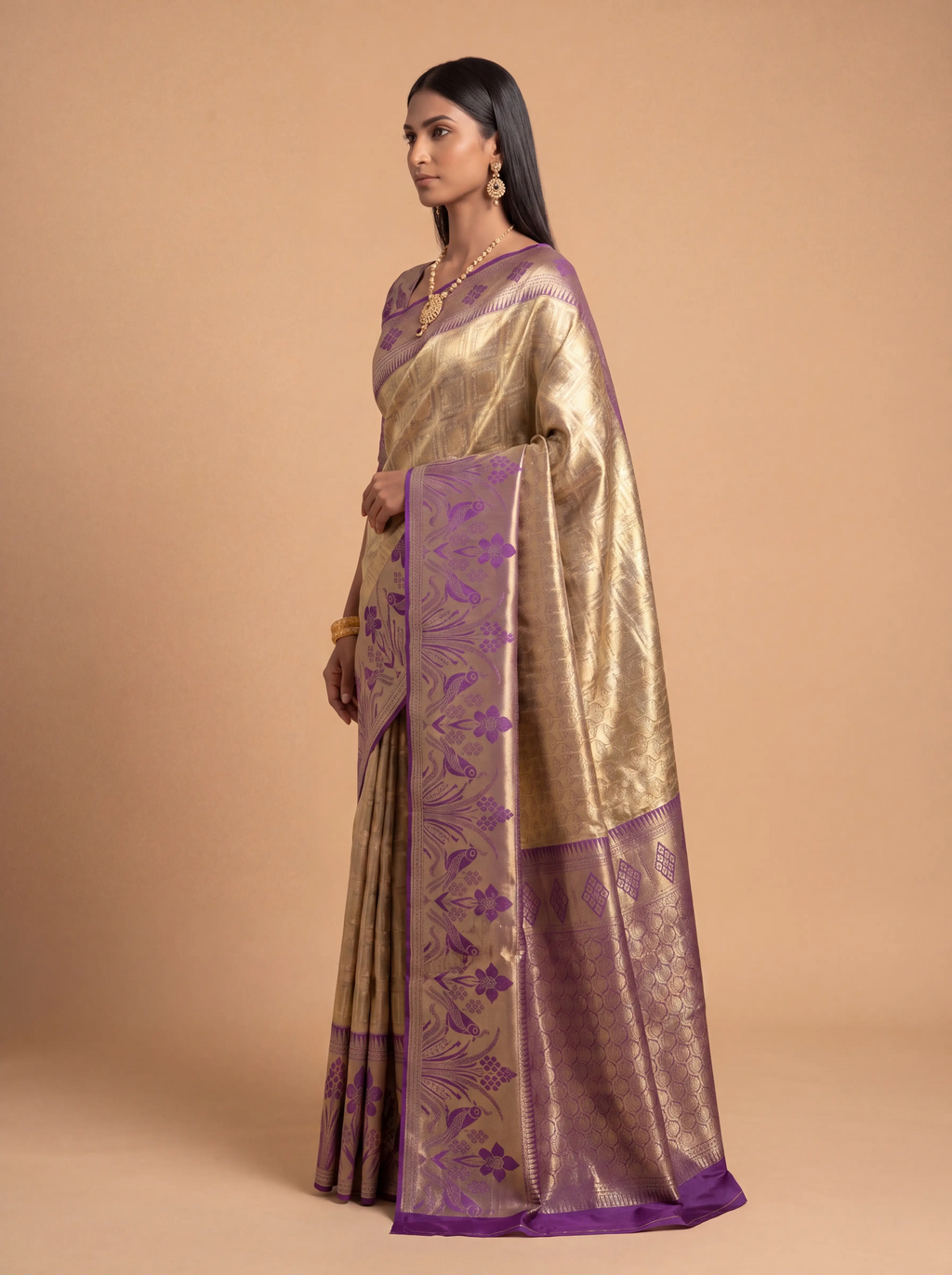 Antique Gold and Deep Purple Zari Woven Kanchivaram Silk Saree