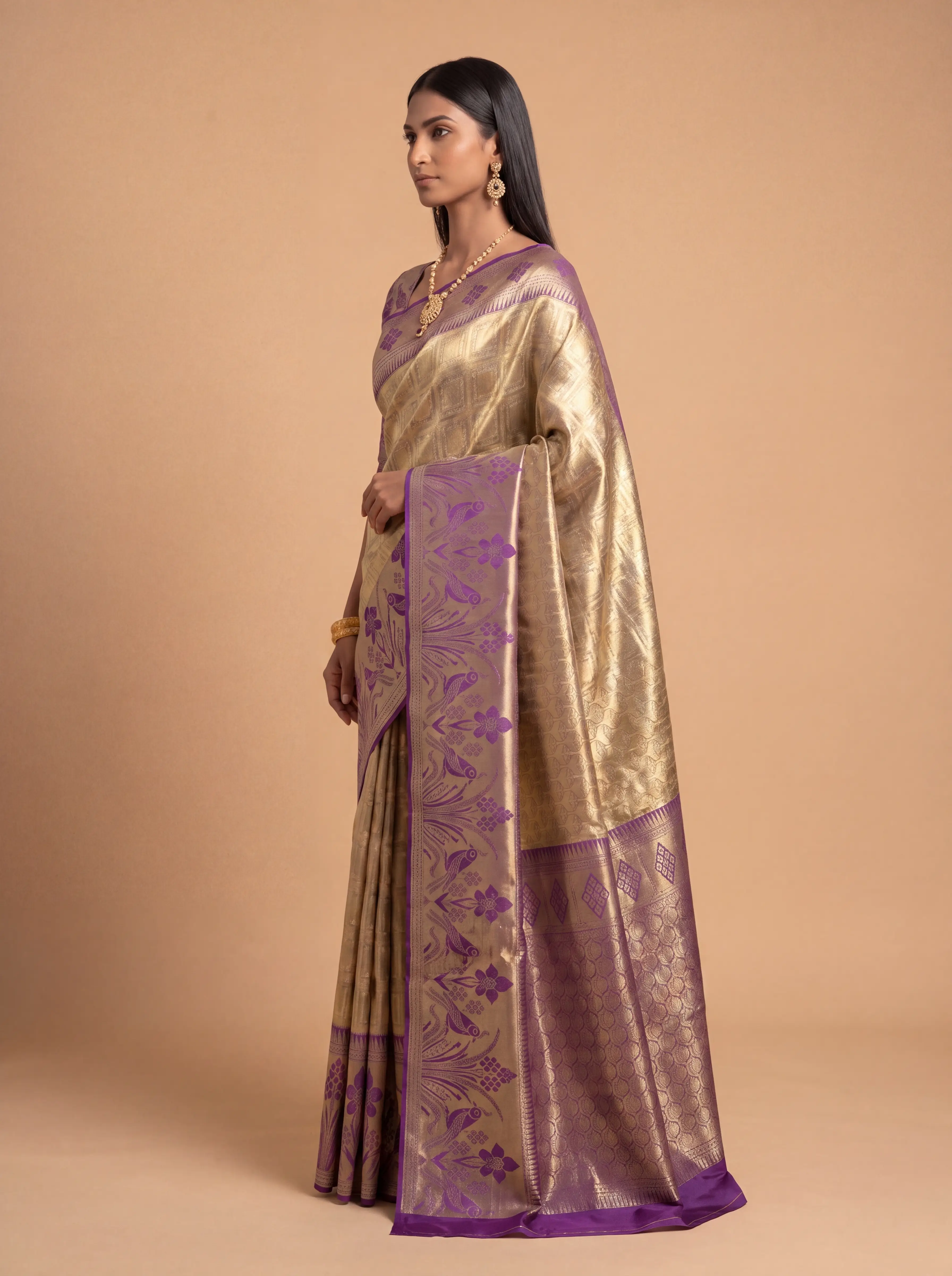 Antique Gold and Deep Purple Zari Woven Kanchivaram Silk Saree