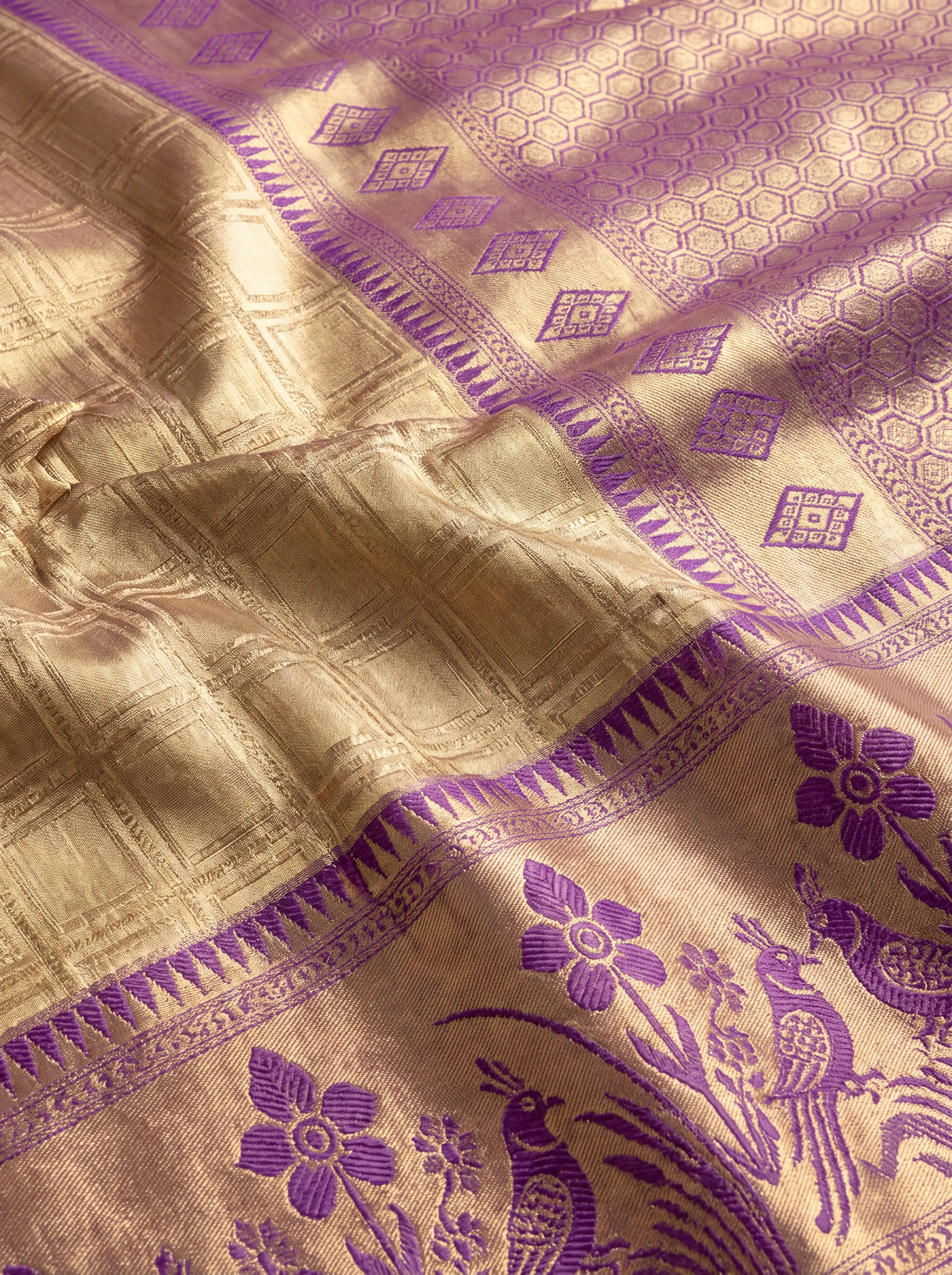 Antique Gold and Deep Purple Zari Woven Kanchivaram Silk Saree