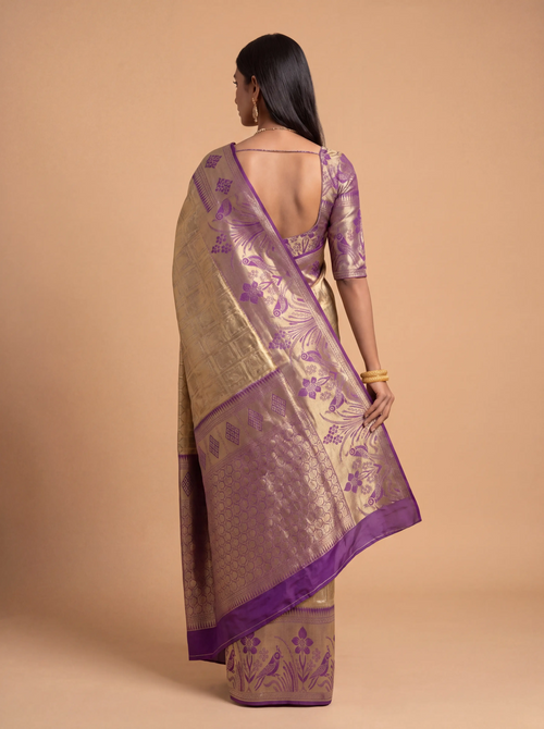 Antique Gold and Deep Purple Zari Woven Kanchivaram Silk Saree