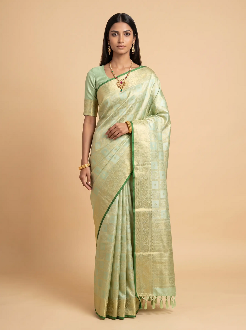 Mint Green and Dark Green Antique Gold Zari Woven Kanchivaram Silk Saree