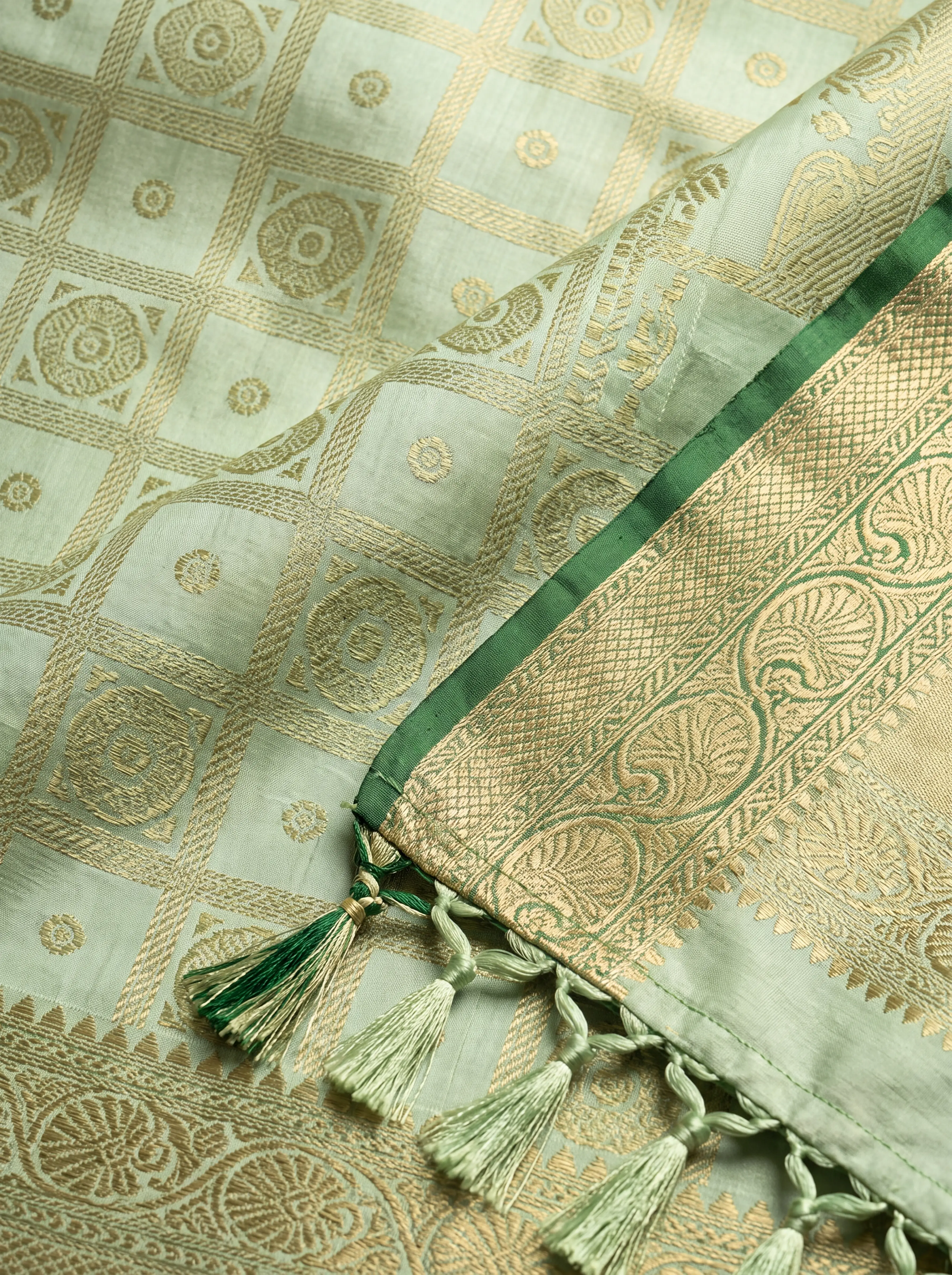 Mint Green and Dark Green Antique Gold Zari Woven Kanchivaram Silk Saree