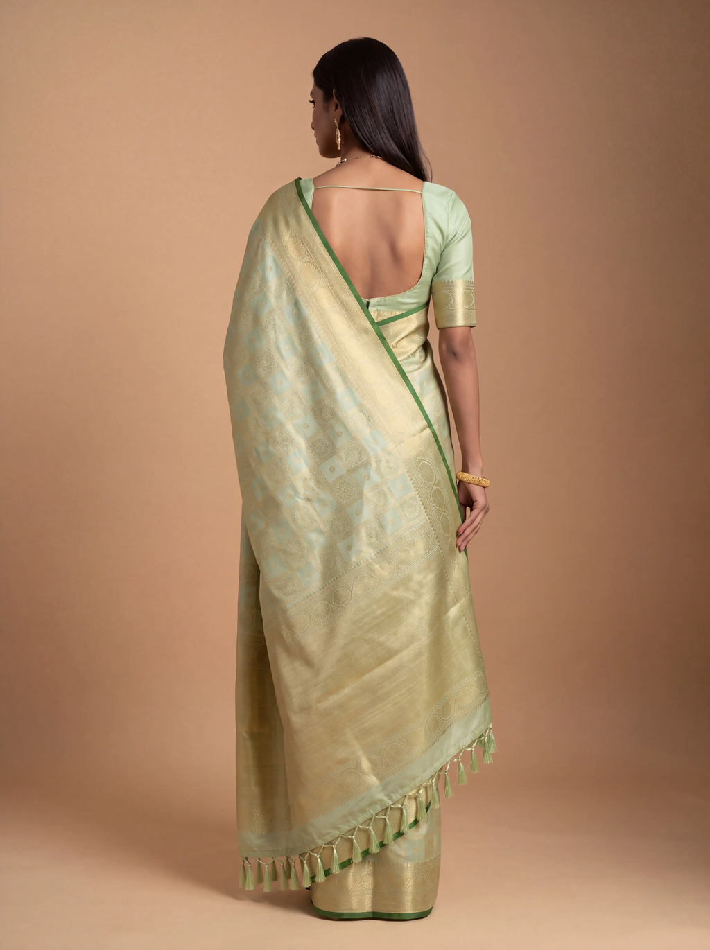 Mint Green and Dark Green Antique Gold Zari Woven Kanchivaram Silk Saree