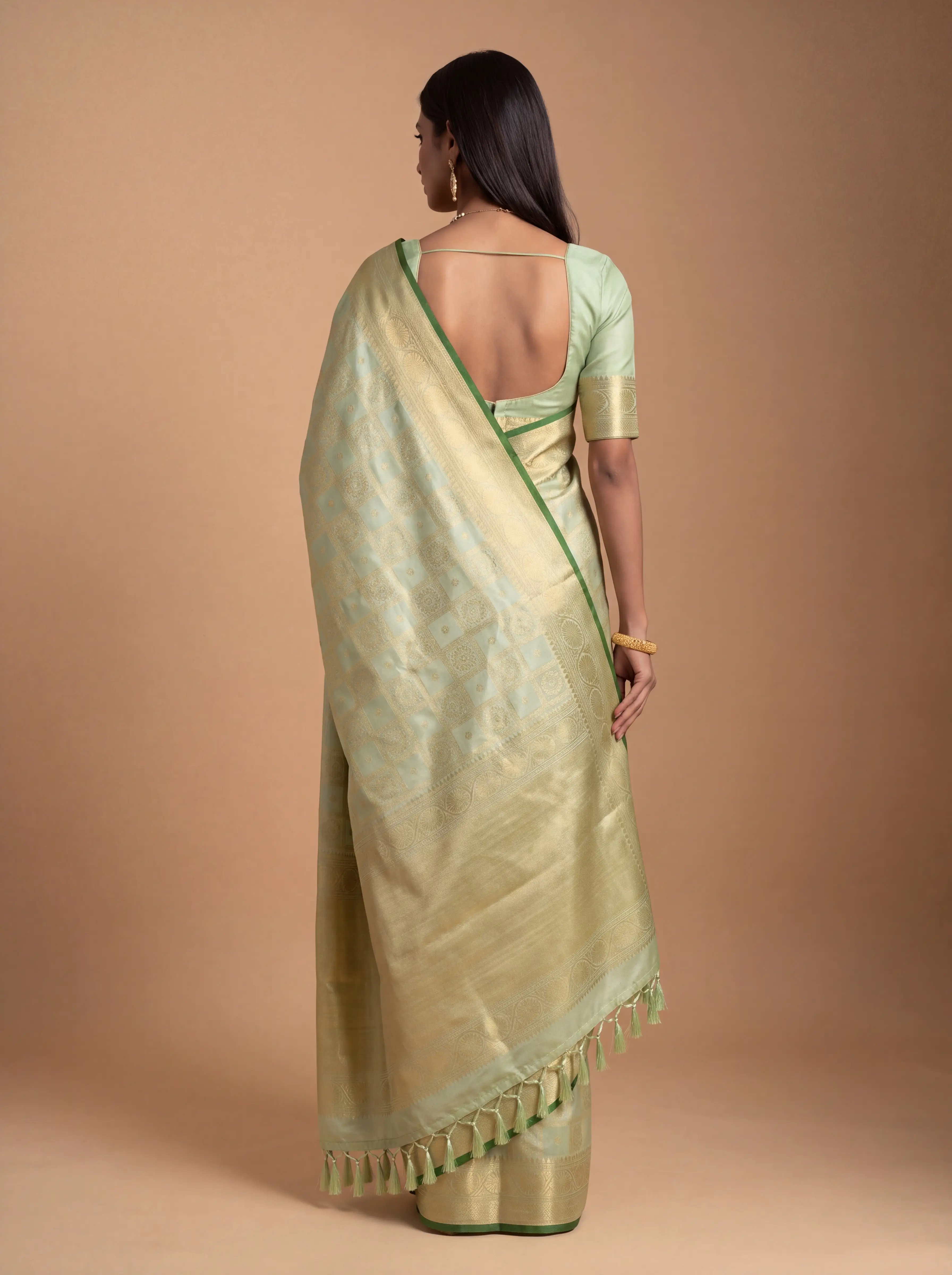 Mint Green and Dark Green Antique Gold Zari Woven Kanchivaram Silk Saree