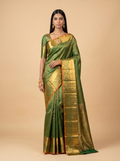 Dark Green and Antique Gold Zari Woven Kanchivaram Silk Saree with Orange Border
