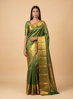 Dark Green and Antique Gold Zari Woven Kanchivaram Silk Saree with Orange Border