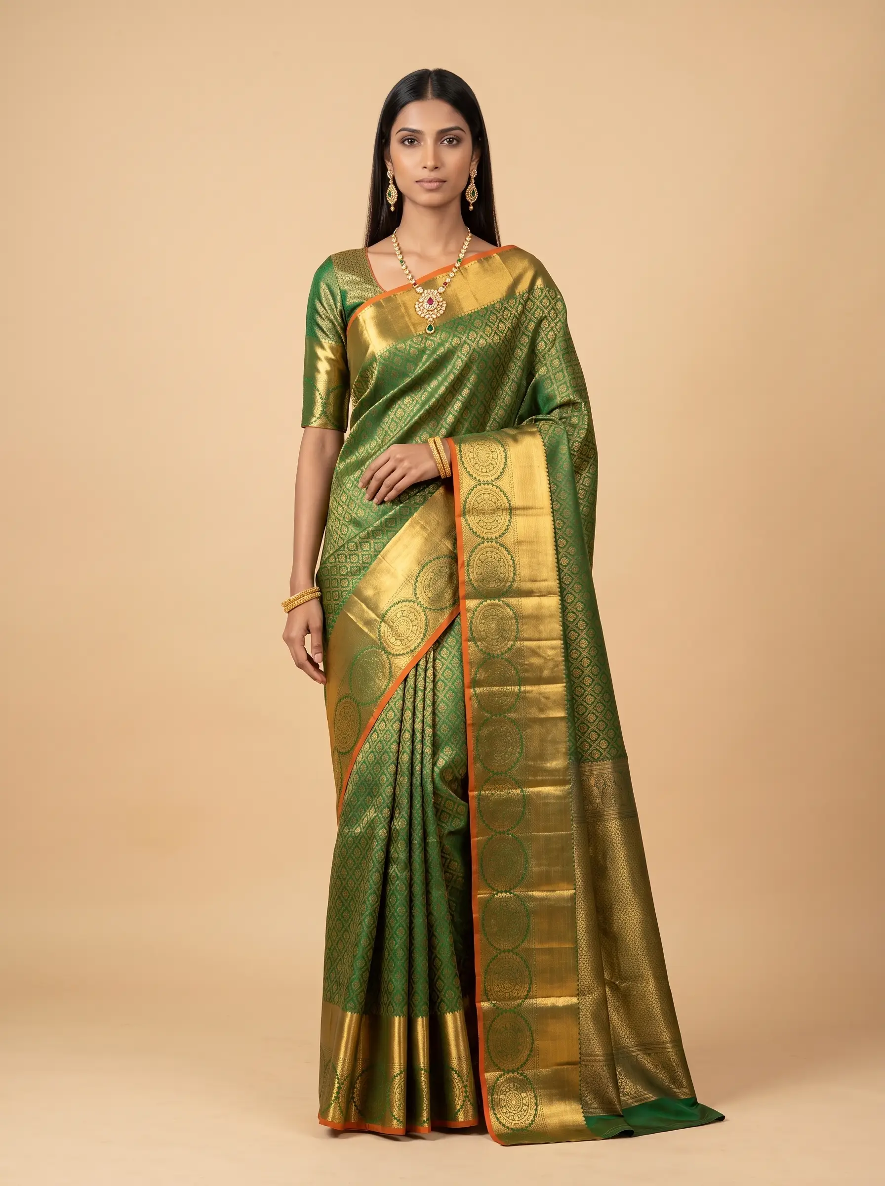 Dark Green and Antique Gold Zari Woven Kanchivaram Silk Saree with Orange Border