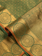 Dark Green and Antique Gold Zari Woven Kanchivaram Silk Saree with Orange Border