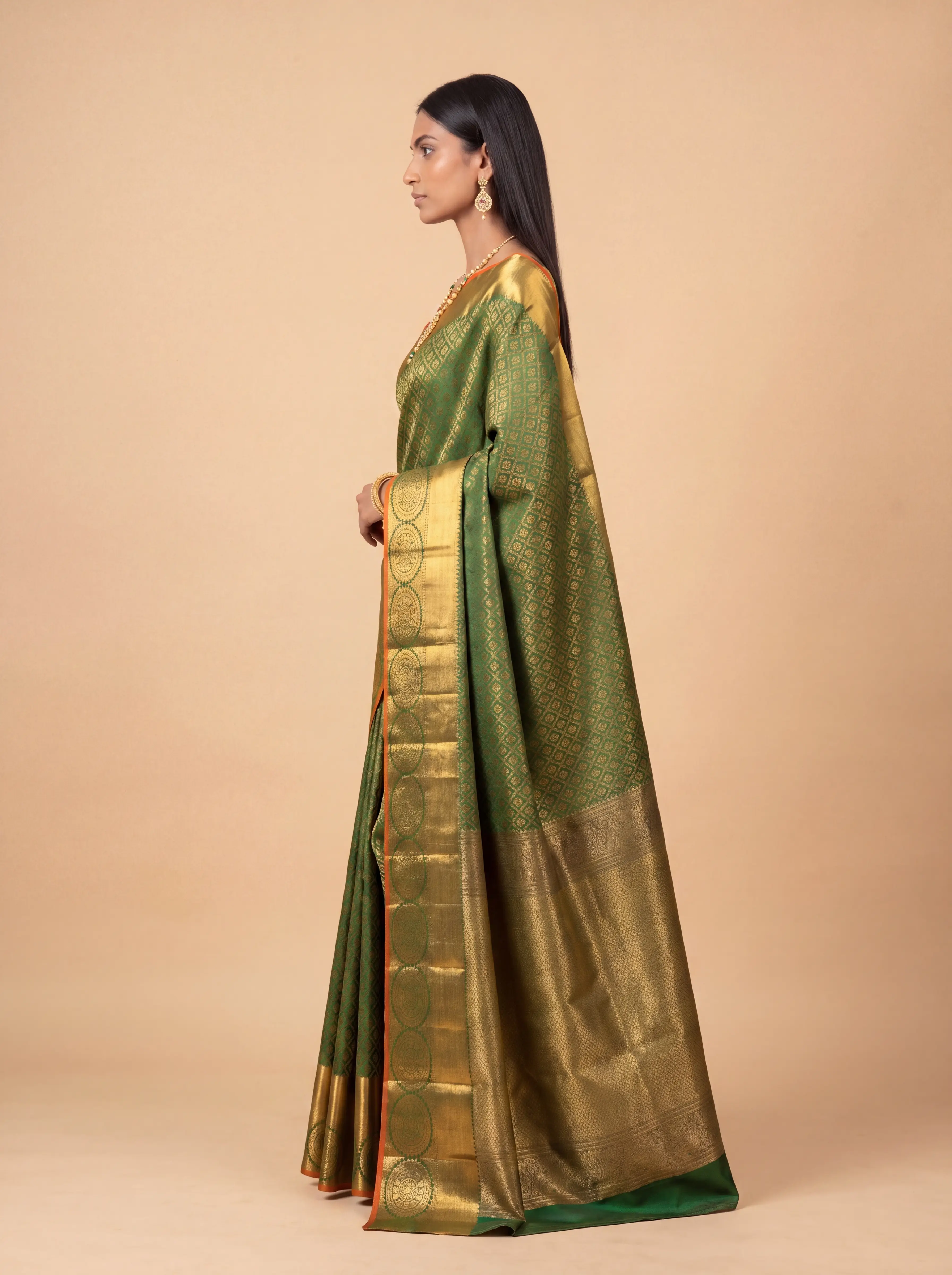 Dark Green and Antique Gold Zari Woven Kanchivaram Silk Saree with Orange Border