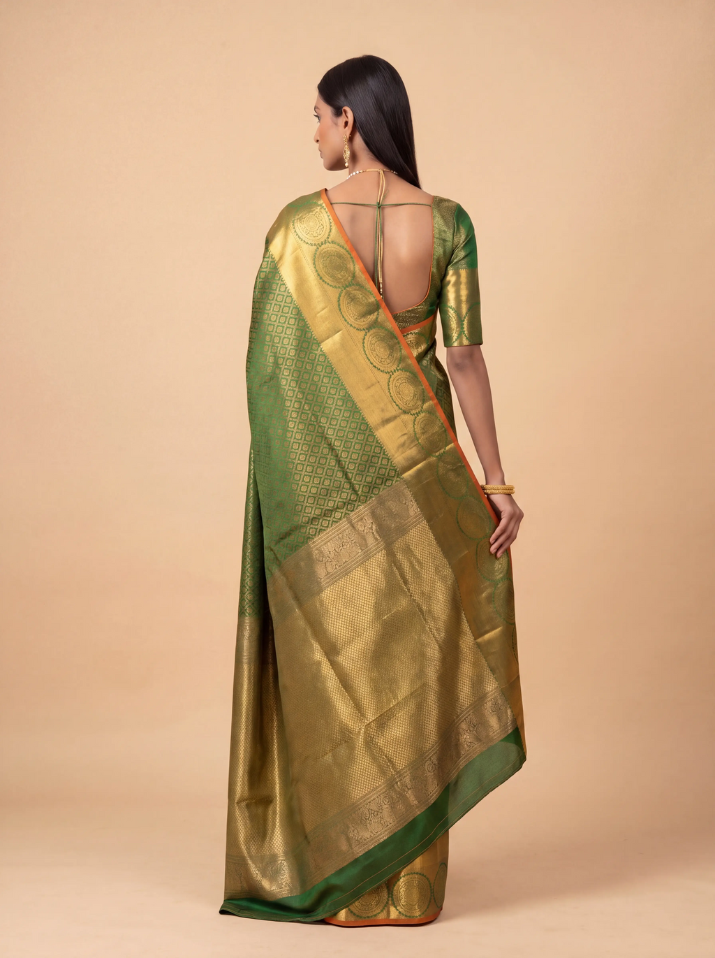 Dark Green and Antique Gold Zari Woven Kanchivaram Silk Saree with Orange Border