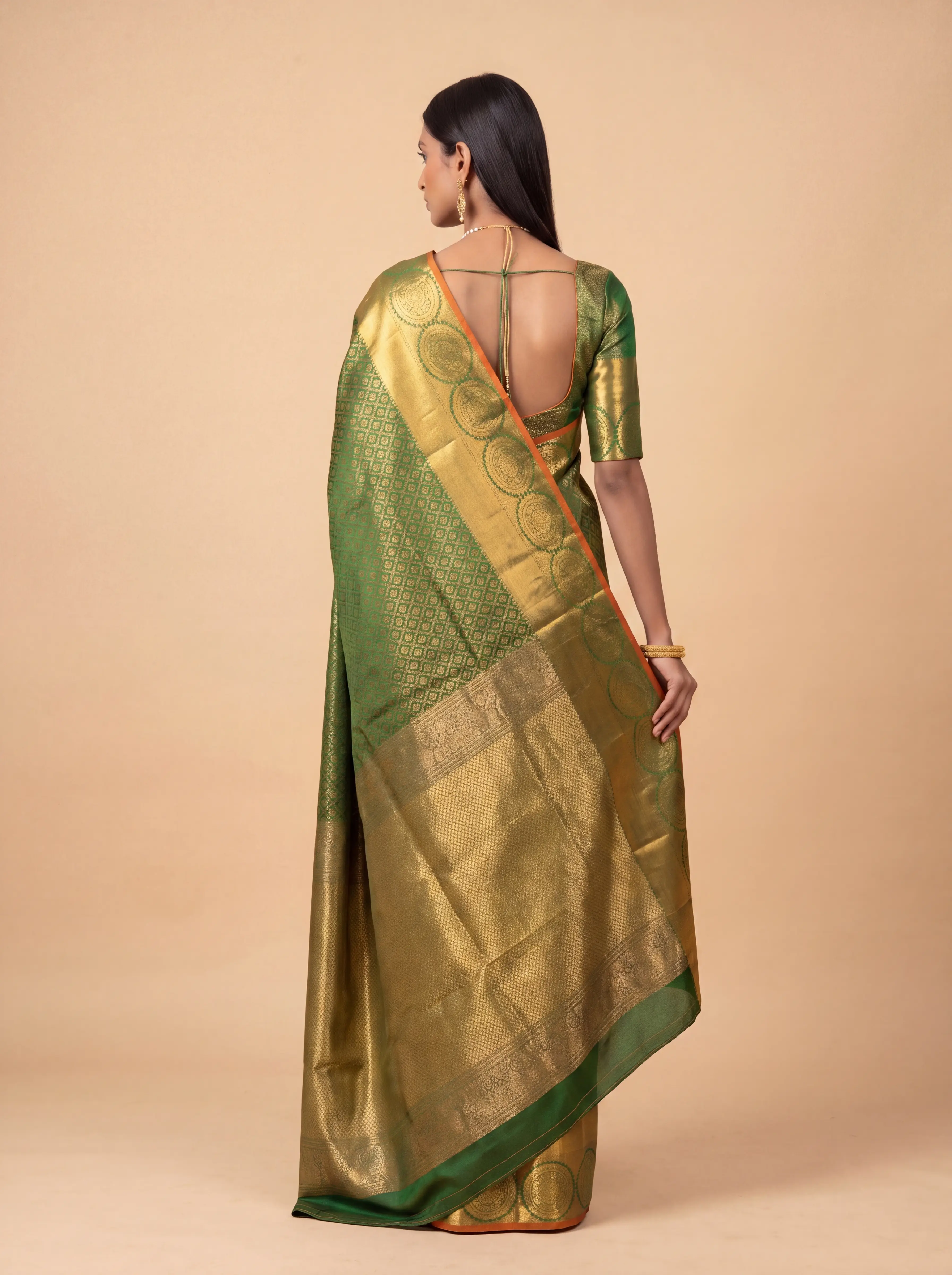 Dark Green and Antique Gold Zari Woven Kanchivaram Silk Saree with Orange Border