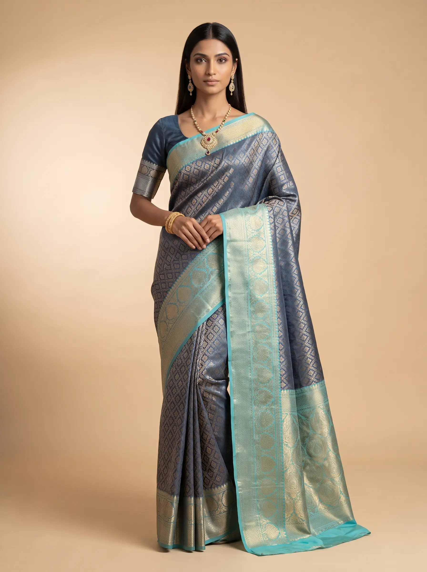 Teal Green and Silver Zari Geometric Woven Kanchivaram Silk Saree