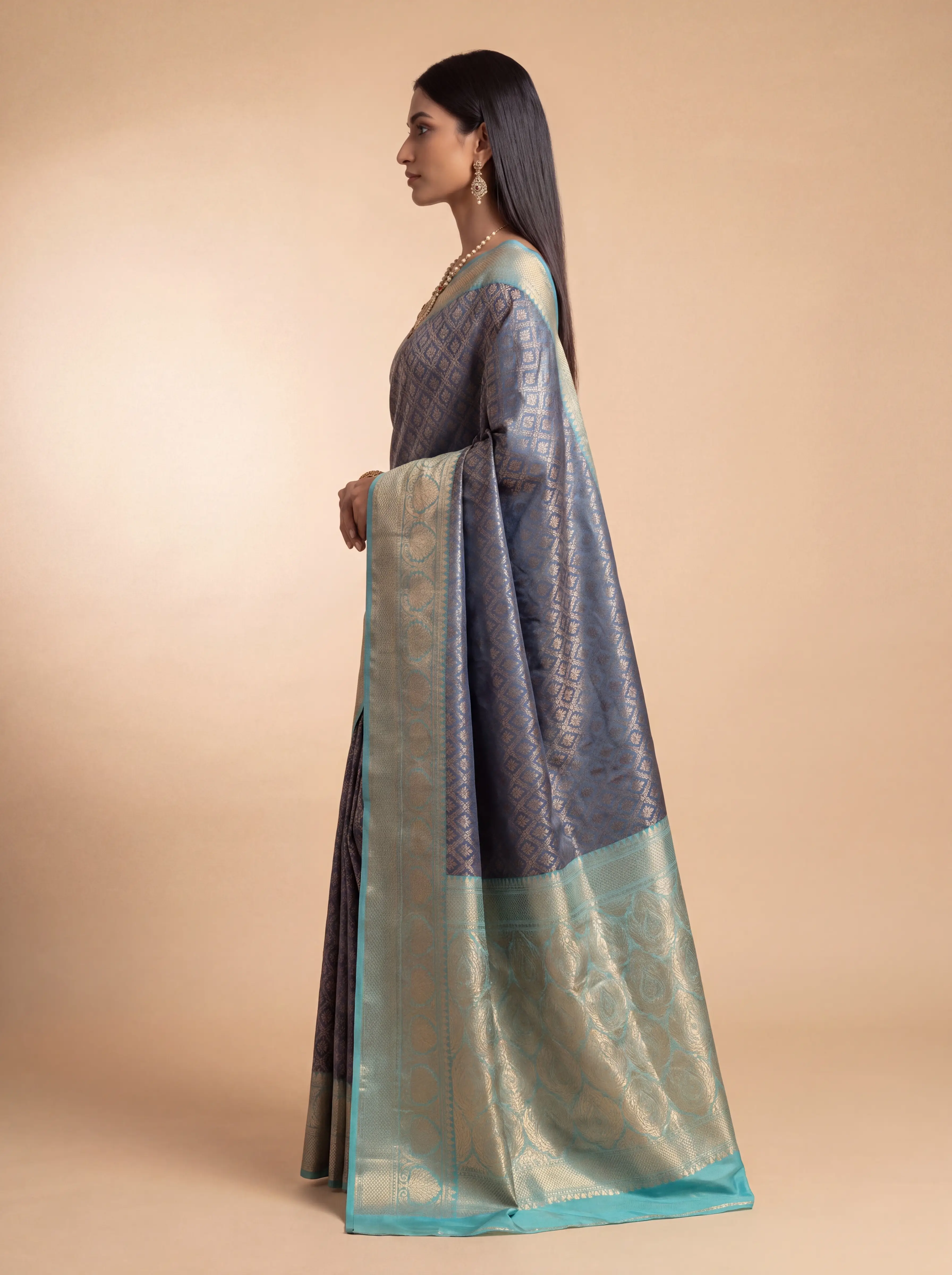 Teal Green and Silver Zari Geometric Woven Kanchivaram Silk Saree
