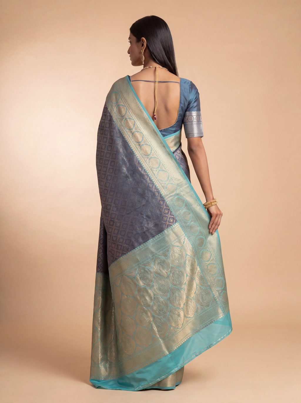 Teal Green and Silver Zari Geometric Woven Kanchivaram Silk Saree