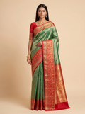 Peach Red Teal Multicolour Zari Tissue Silk Saree