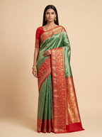Peach Red Teal Multicolour Zari Tissue Silk Saree