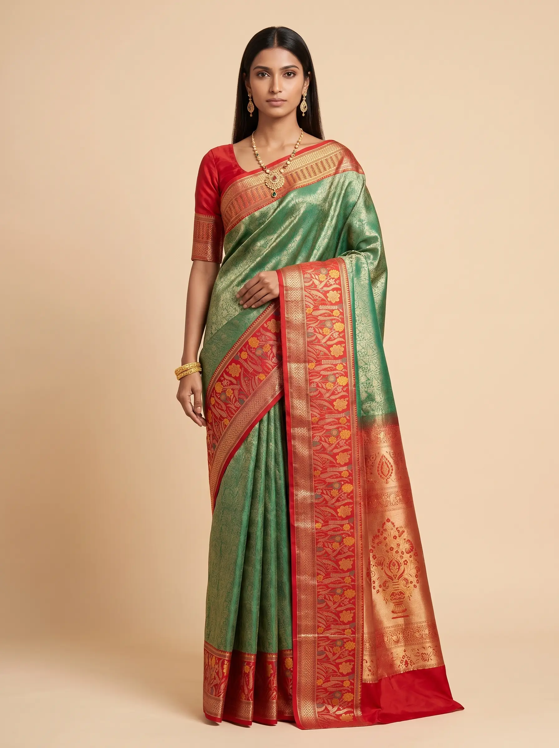 Peach Red Teal Multicolour Zari Tissue Silk Saree