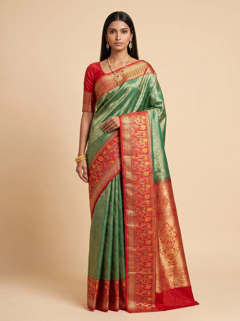 Peach Red Teal Multicolour Zari Tissue Silk Saree