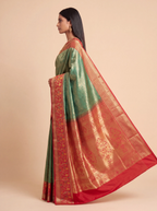 Peach Red Teal Multicolour Zari Tissue Silk Saree