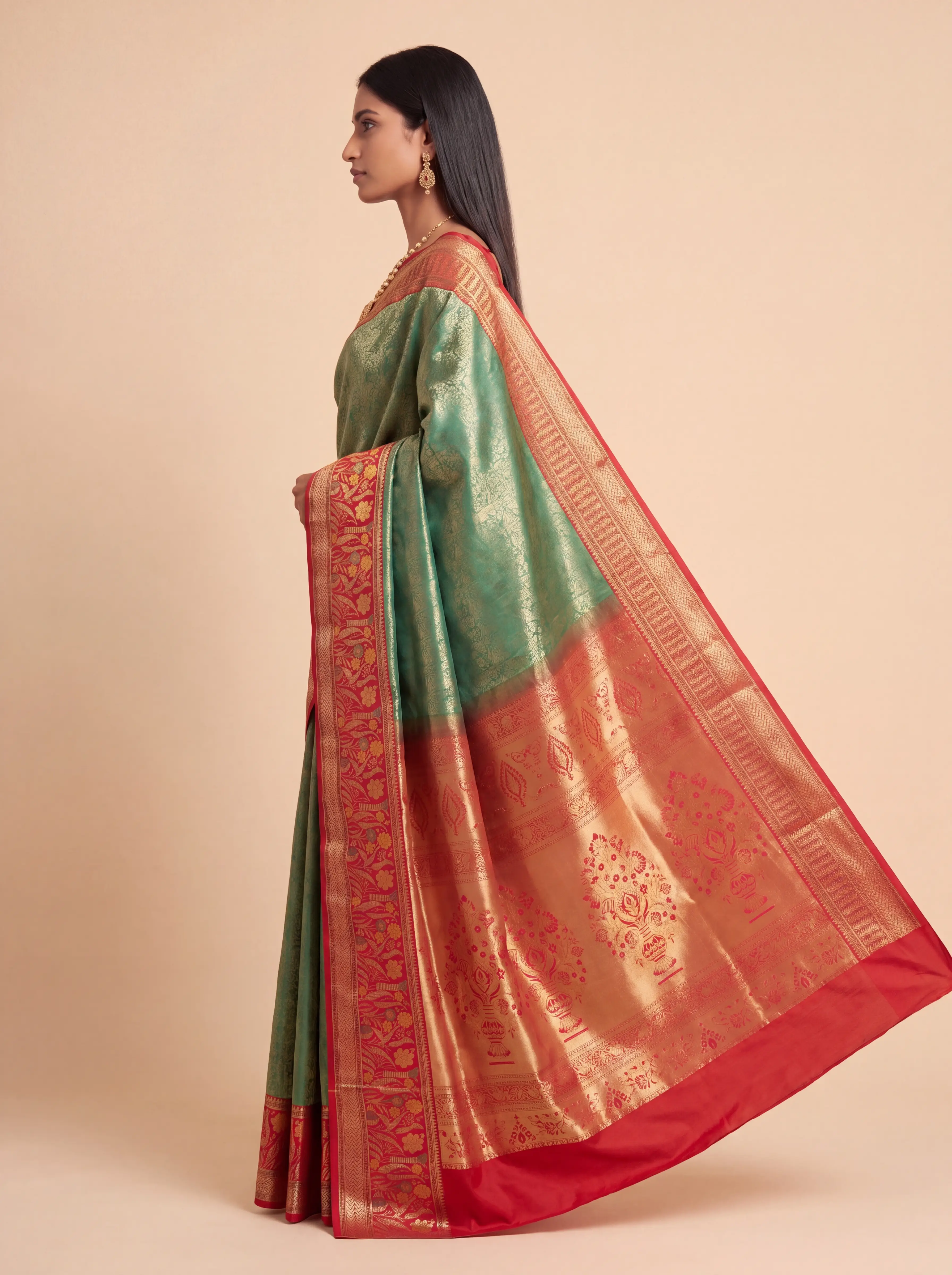 Peach Red Teal Multicolour Zari Tissue Silk Saree