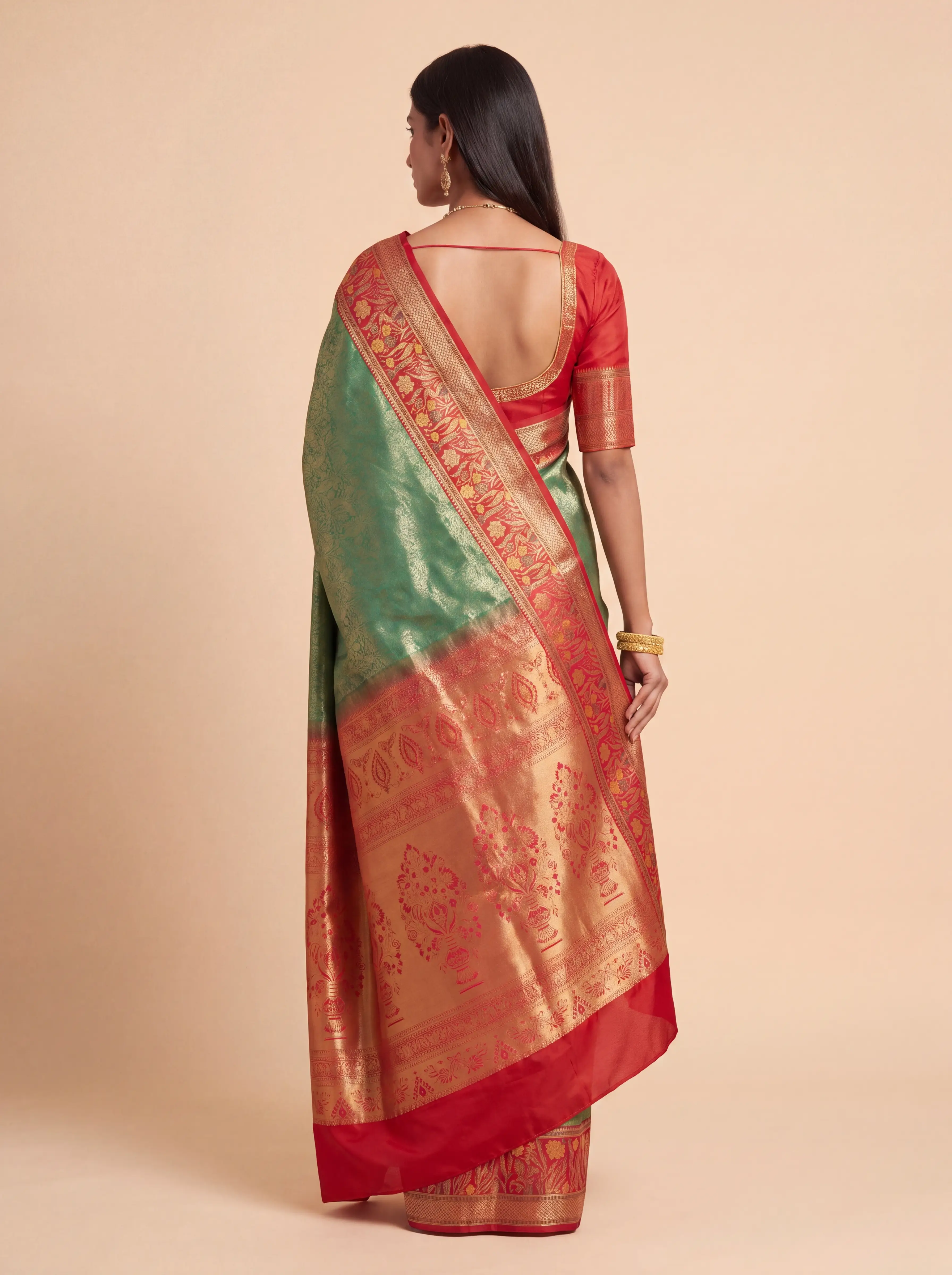 Peach Red Teal Multicolour Zari Tissue Silk Saree