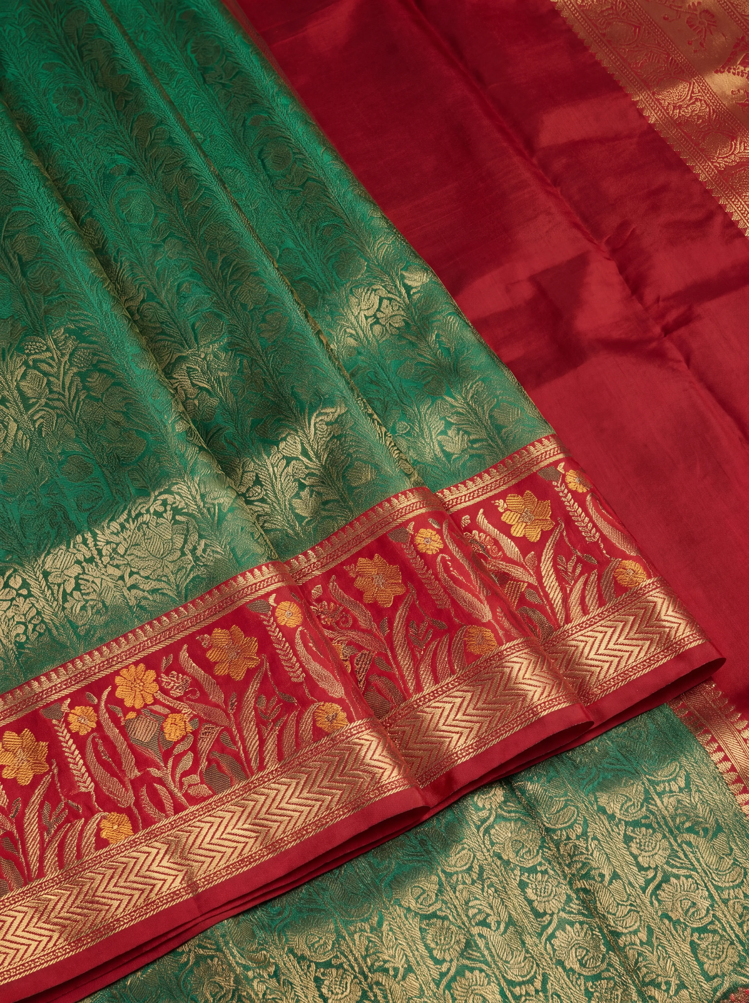 Peach Red Teal Multicolour Zari Tissue Silk Saree