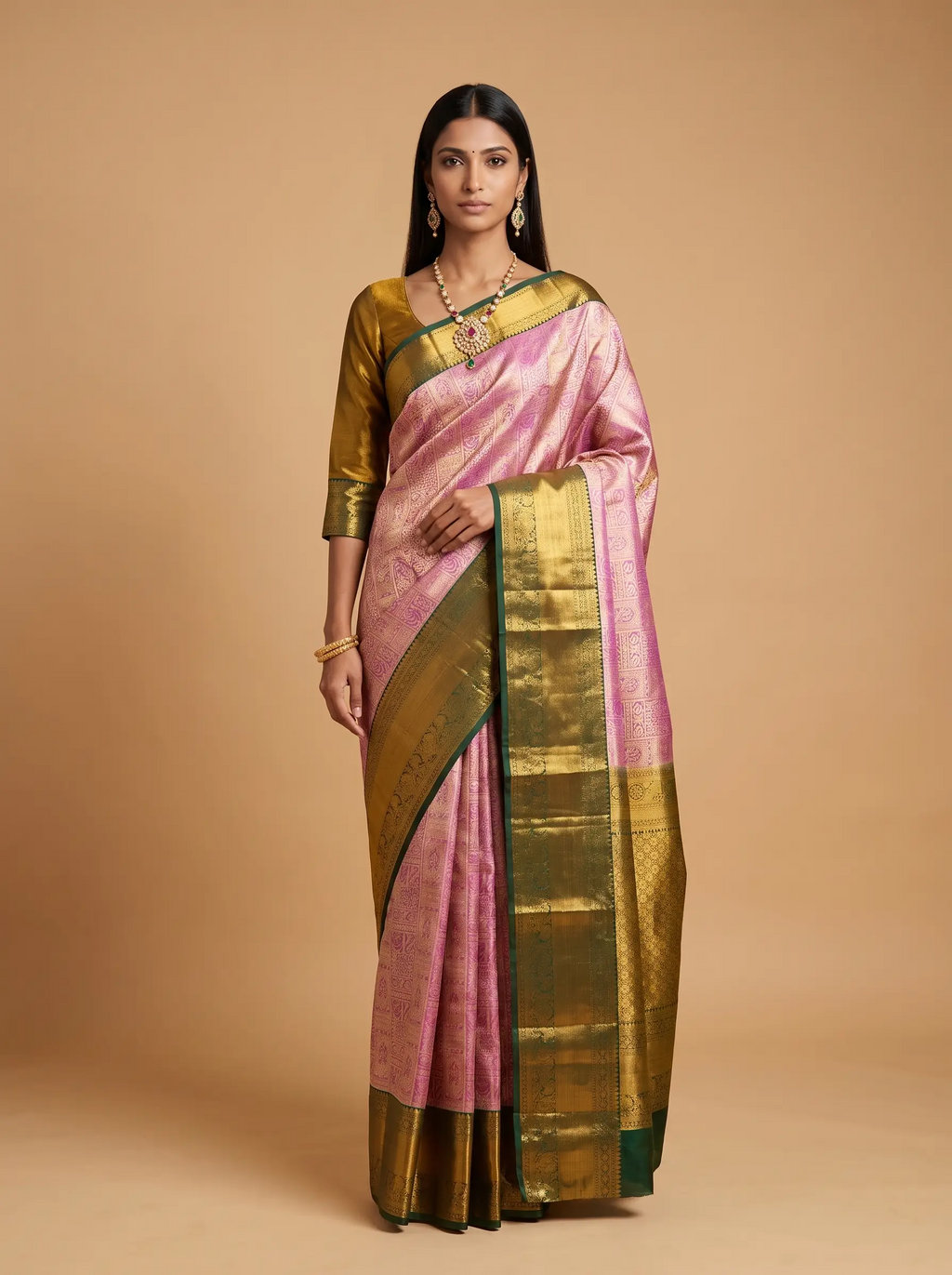 Bottle Green and Purple Antique Gold Zari Woven Silk Saree