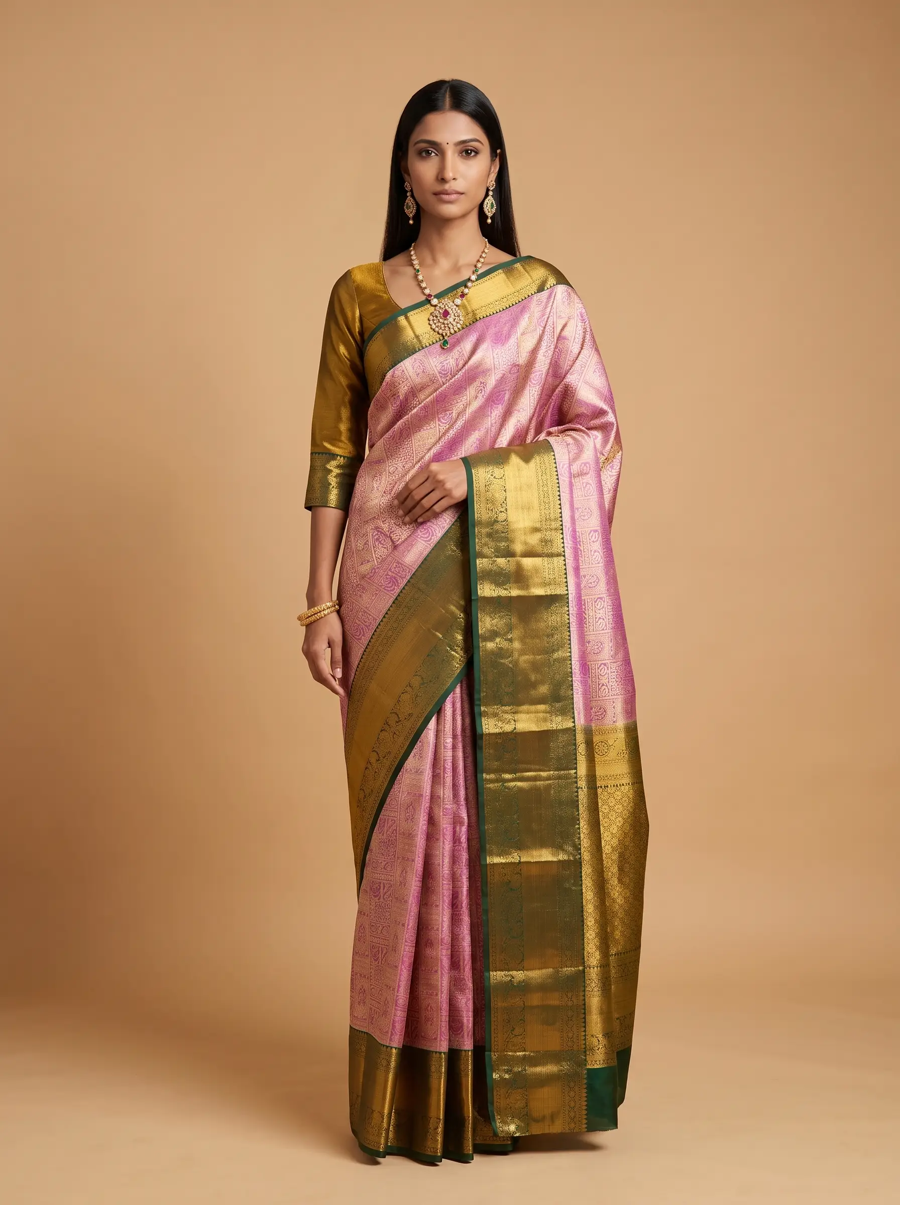 Bottle Green and Purple Antique Gold Zari Woven Silk Saree