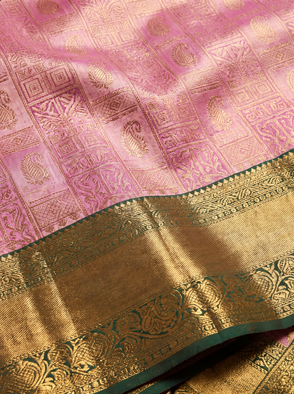 Bottle Green and Purple Antique Gold Zari Woven Silk Saree