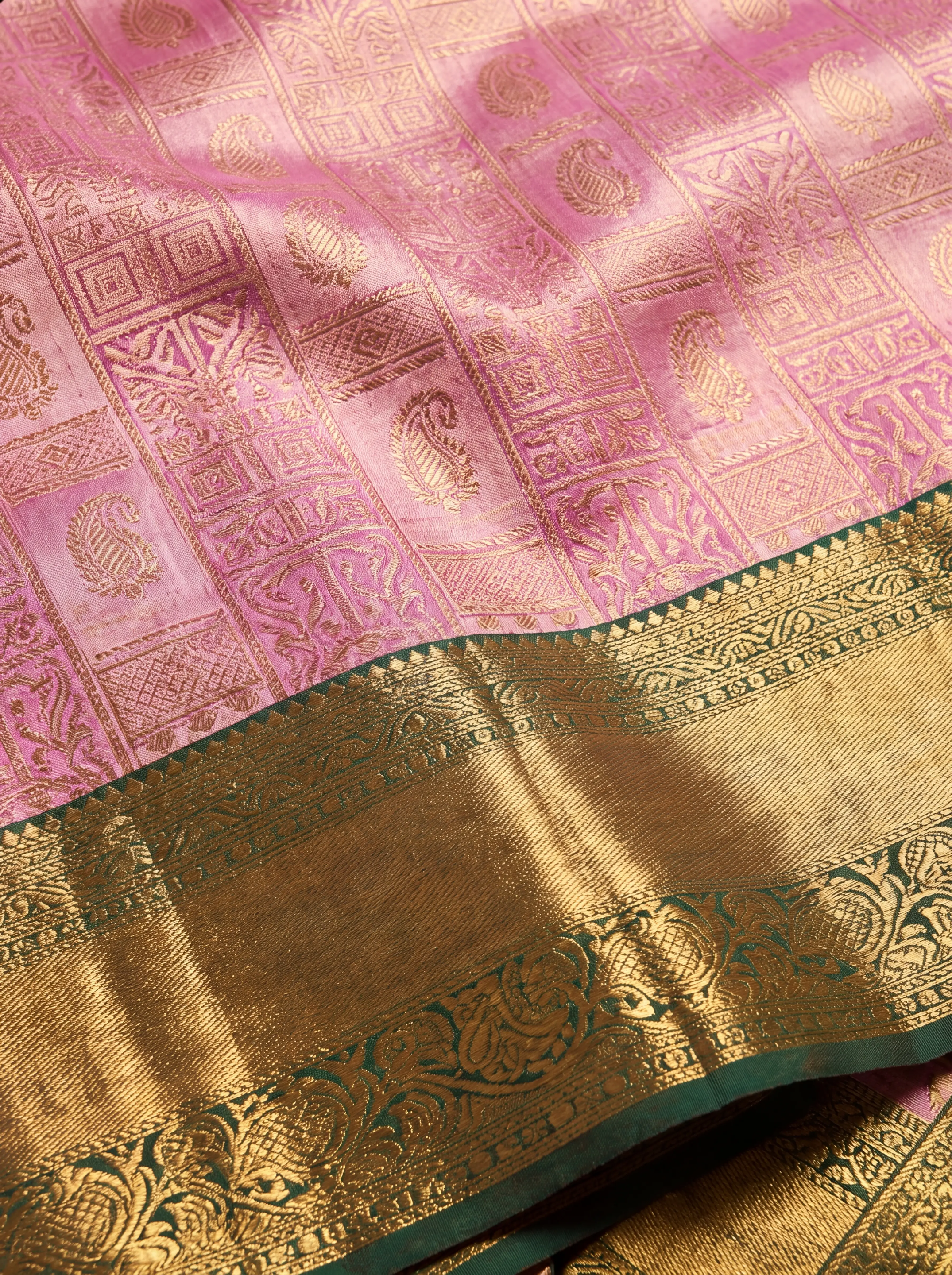 Bottle Green and Purple Antique Gold Zari Woven Silk Saree