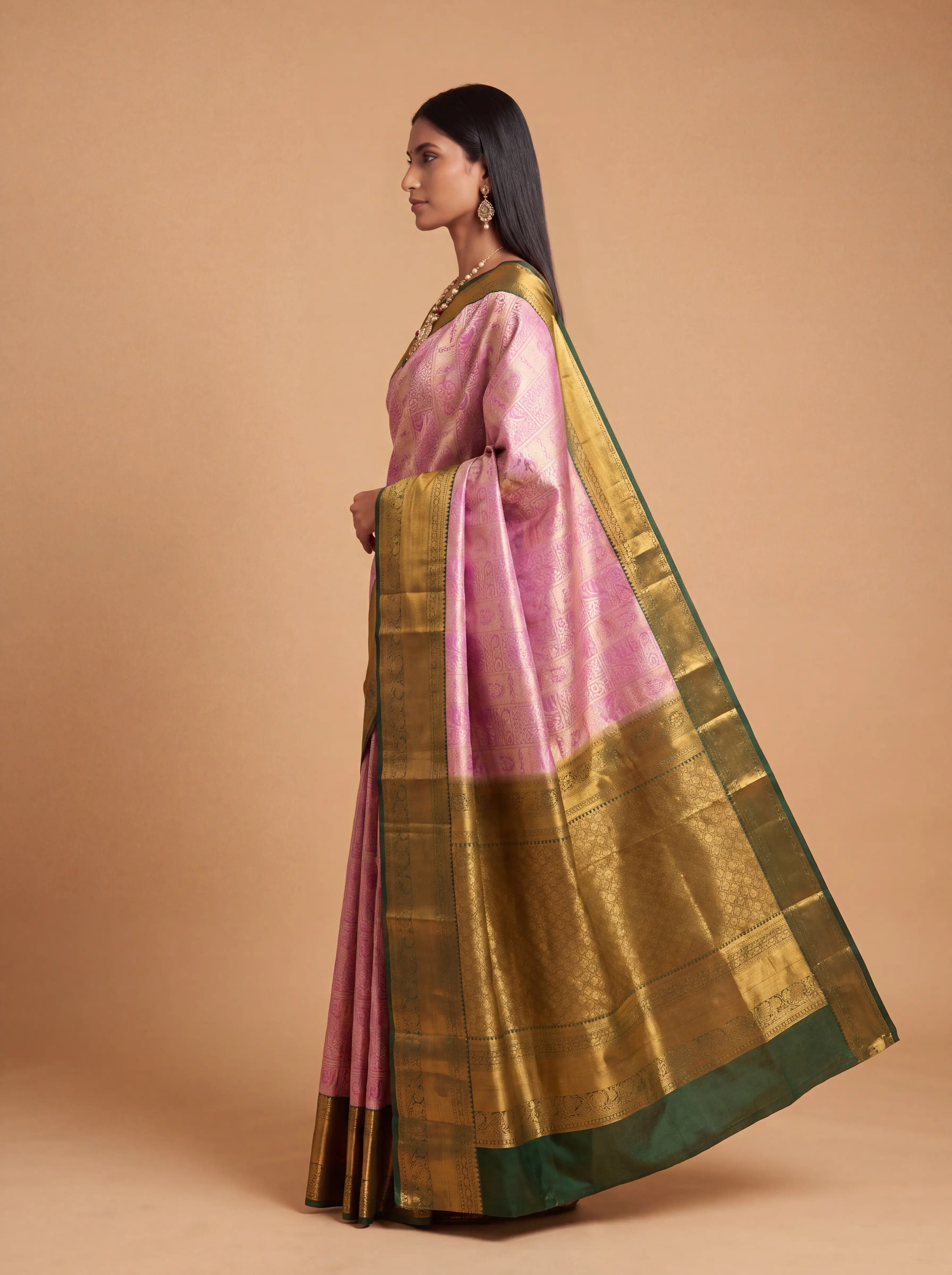 Bottle Green and Purple Antique Gold Zari Woven Silk Saree
