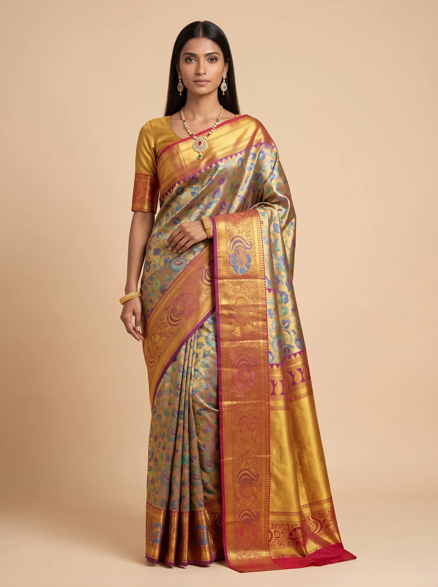 Golden Brown Multicolour Peacock Zari Tissue Silk Saree
