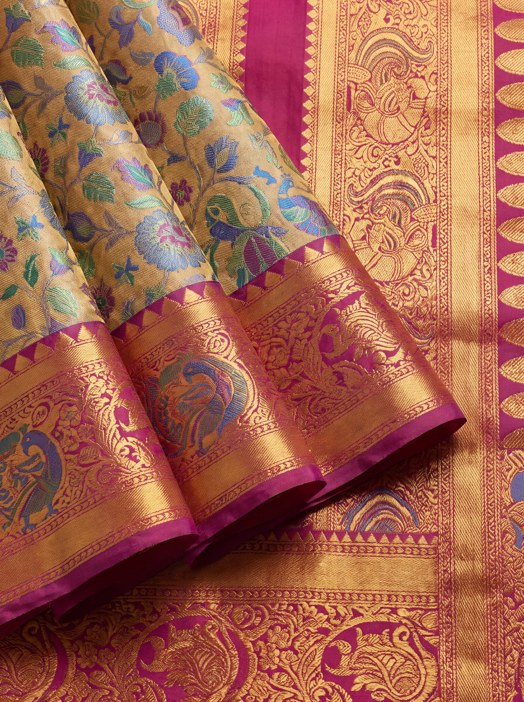 Golden Brown Multicolour Peacock Zari Tissue Silk Saree