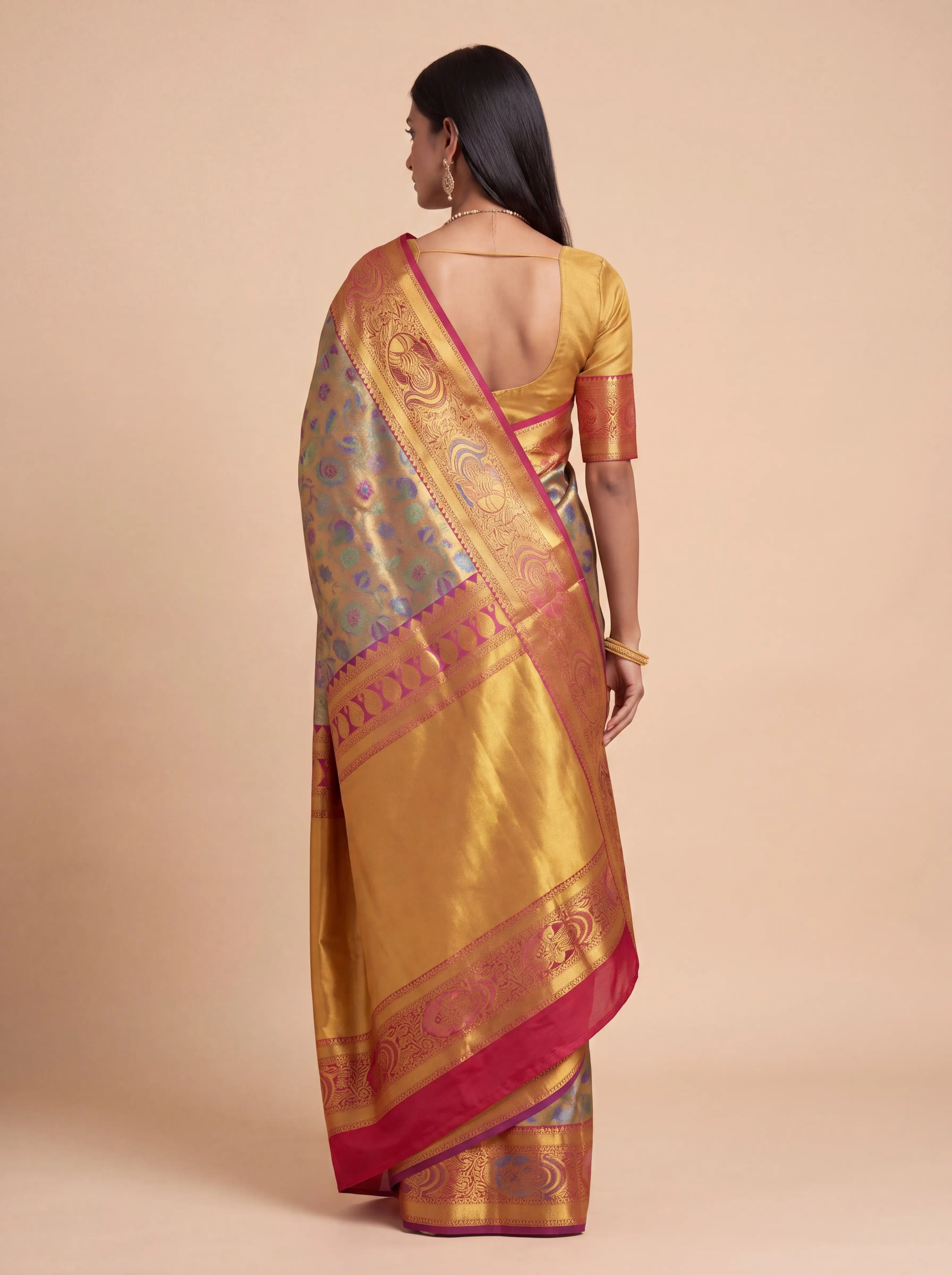 Golden Brown Multicolour Peacock Zari Tissue Silk Saree