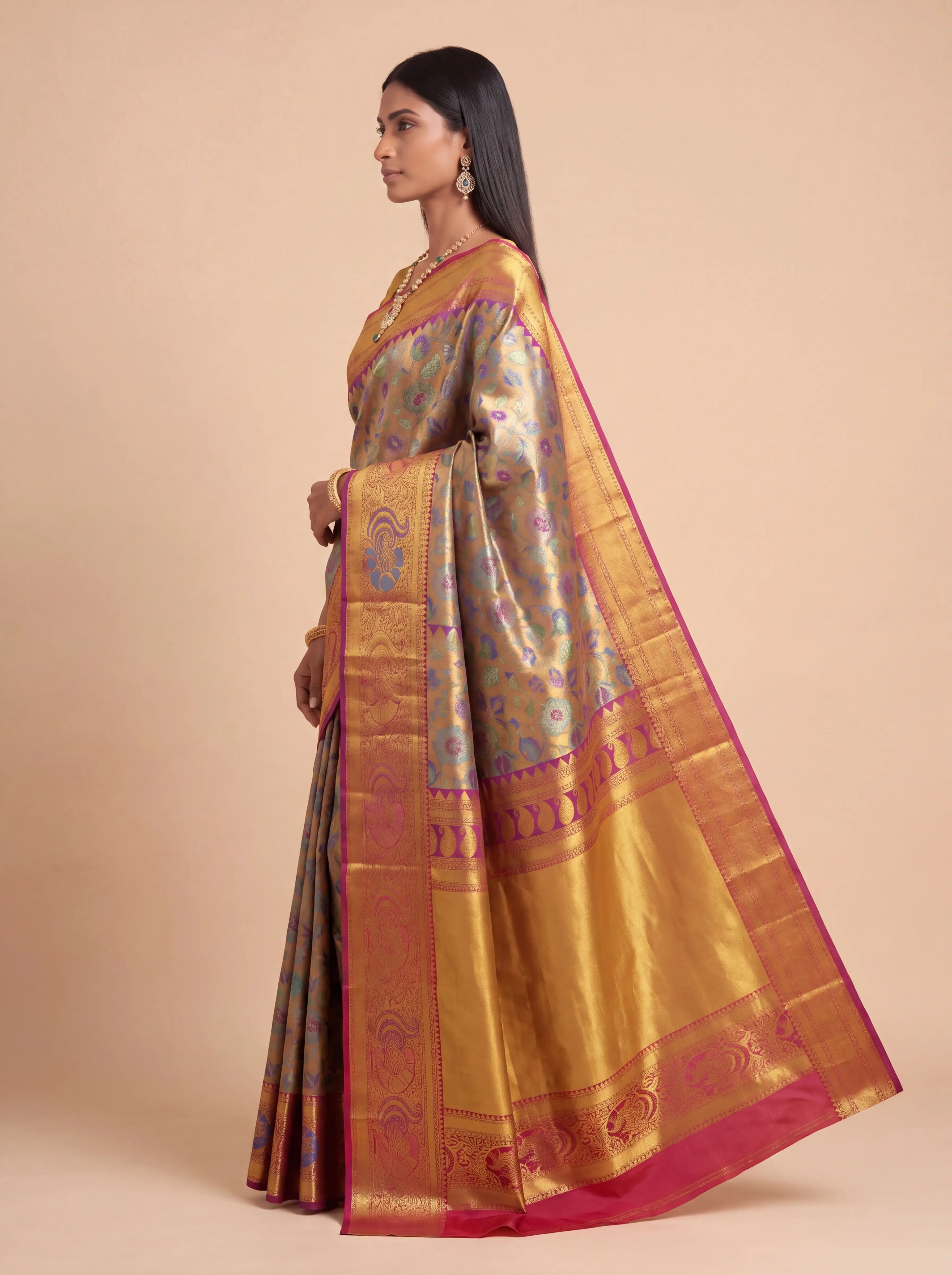 Golden Brown Multicolour Peacock Zari Tissue Silk Saree