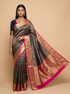 Navy Blue and Pink Floral Woven Semi Silk Saree