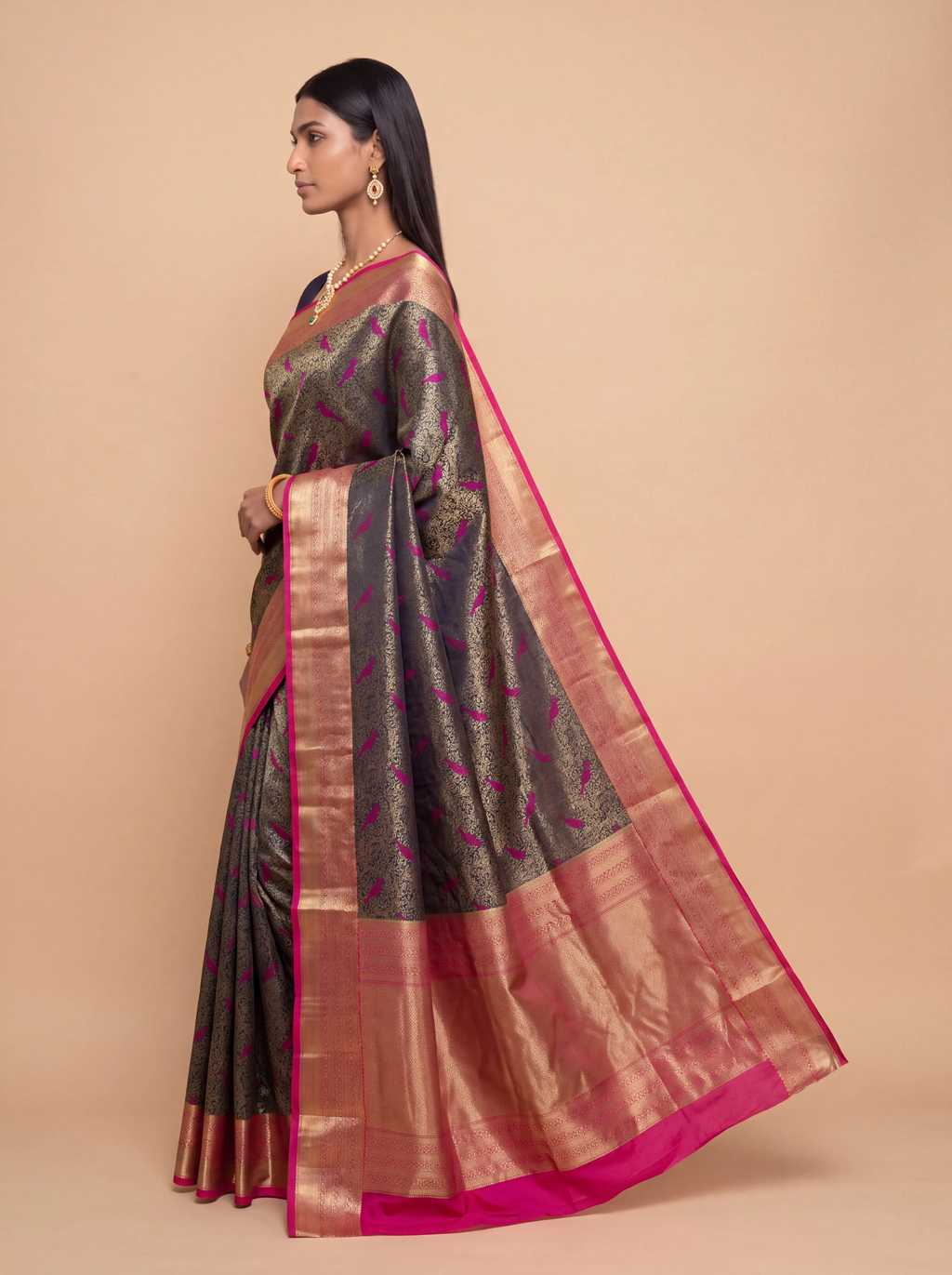 Navy Blue and Pink Floral Woven Semi Silk Saree