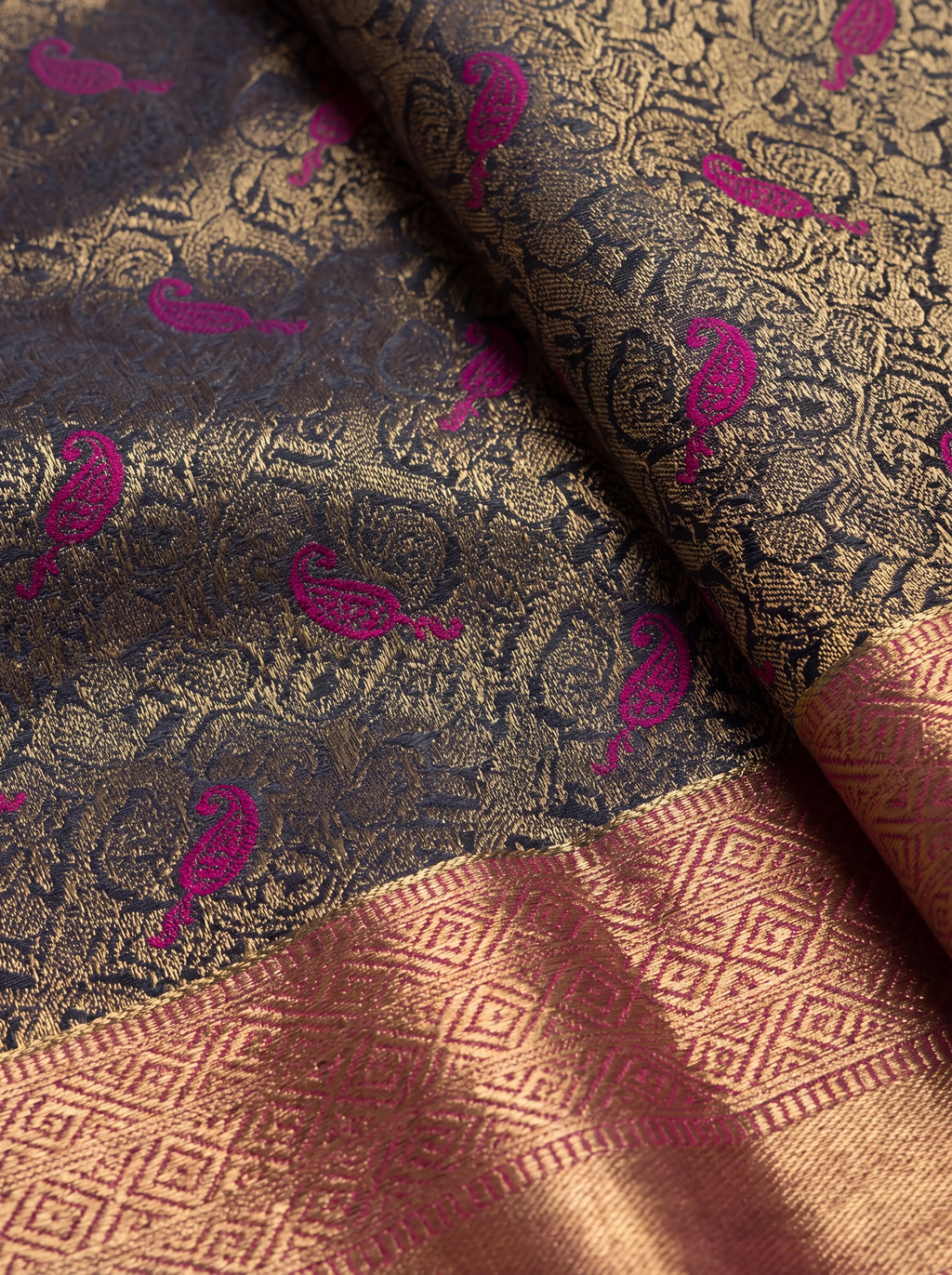 Navy Blue and Pink Floral Woven Semi Silk Saree