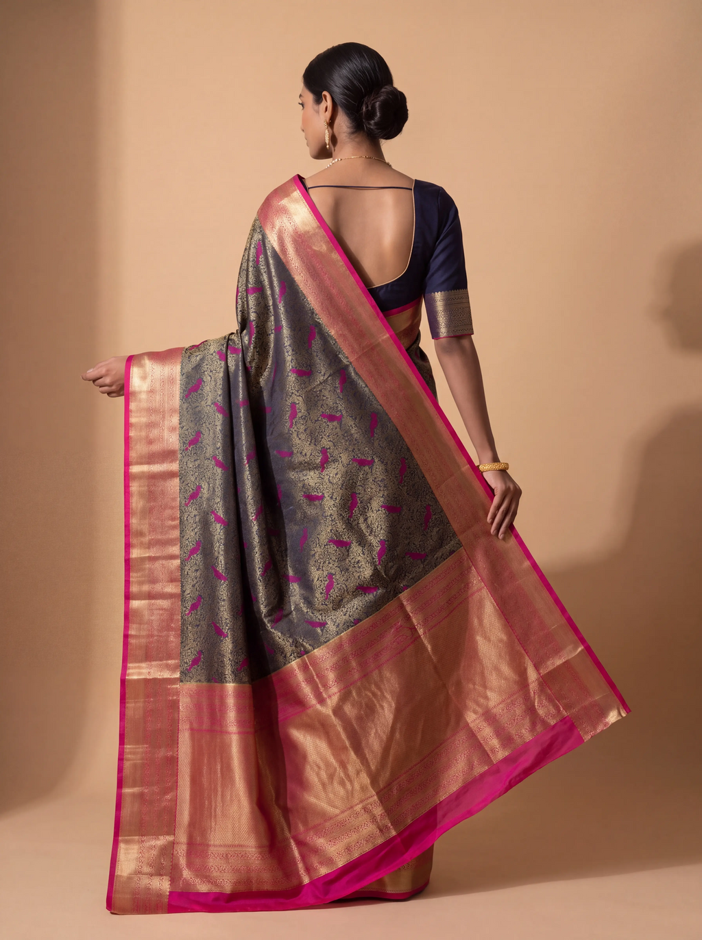 Navy Blue and Pink Floral Woven Semi Silk Saree