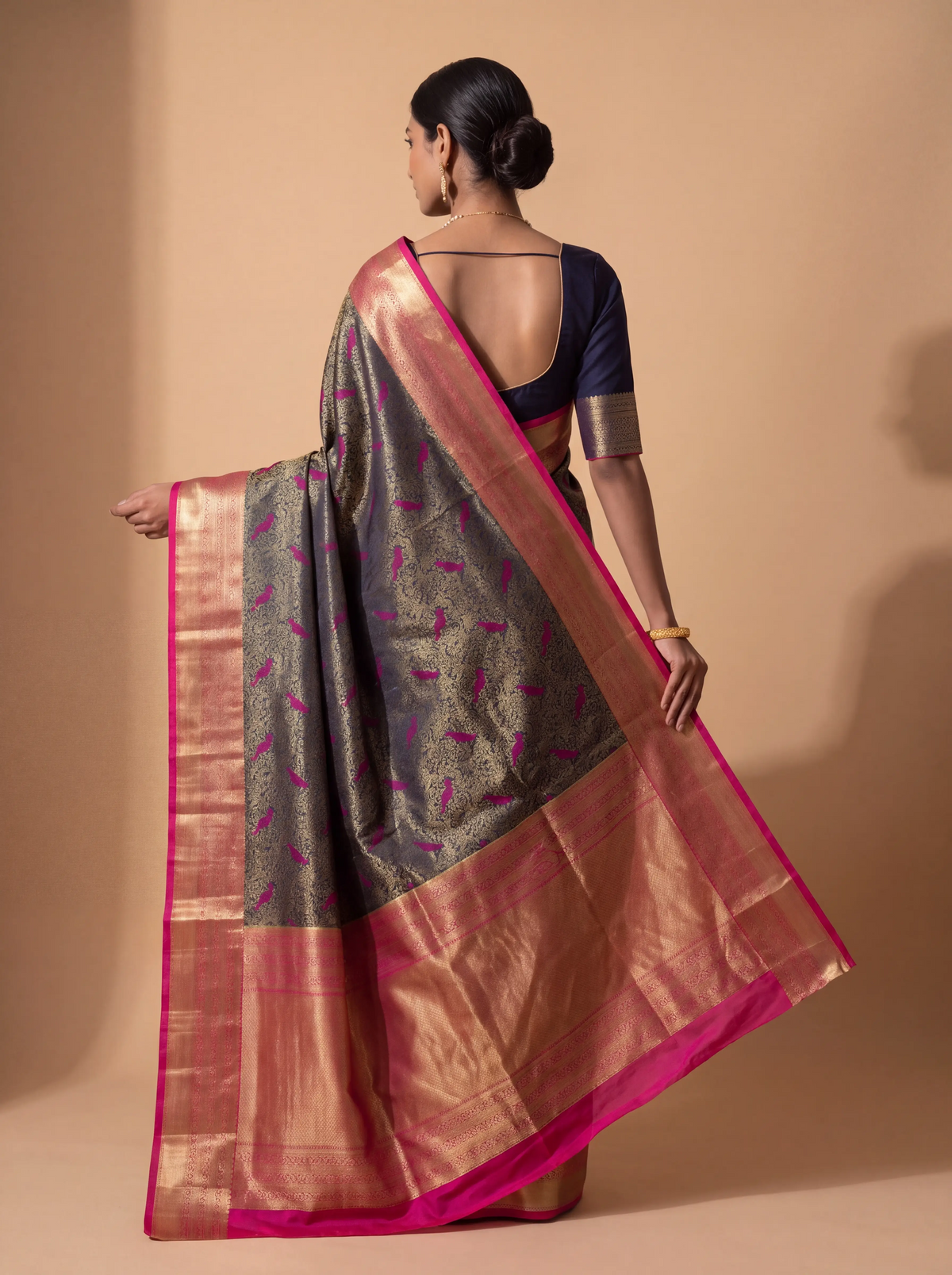 Navy Blue and Pink Floral Woven Semi Silk Saree