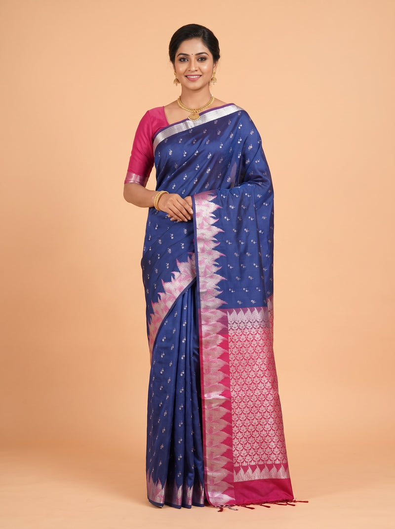 Navy Blue Semi Soft Silk Saree with Meenakari Zari Border
