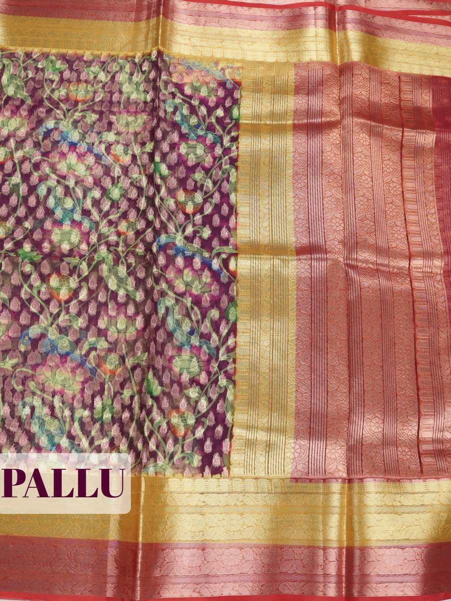 Purple Semi Organza Saree with dual band contrast zari with metallic